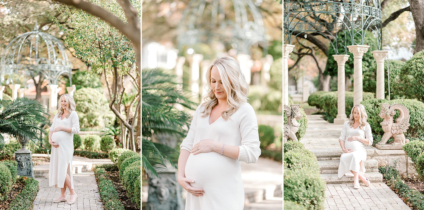 expectant mom holds her baby bump in a garden