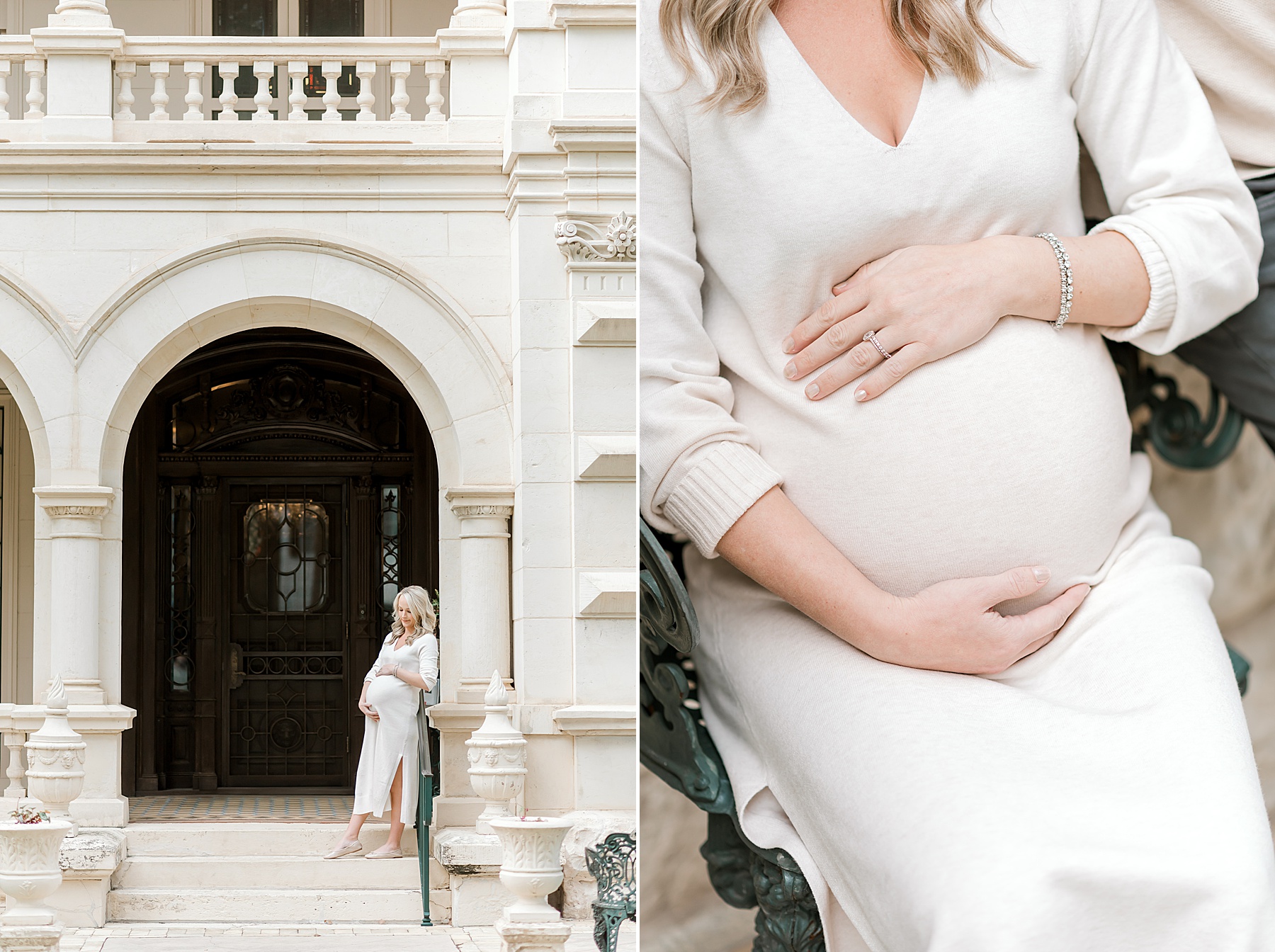 woman leans against archway of building