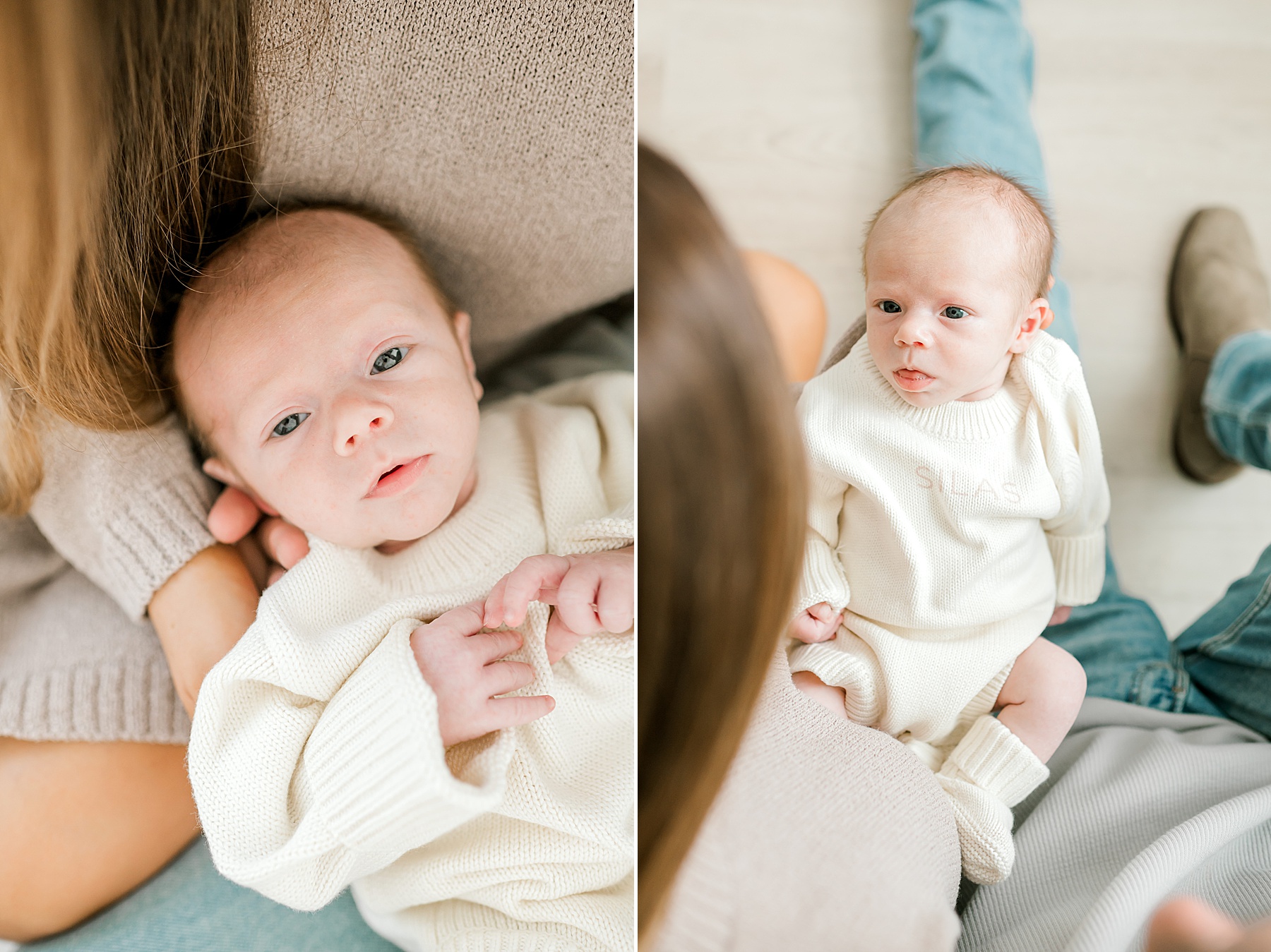 newborn looks up at mom and dad 