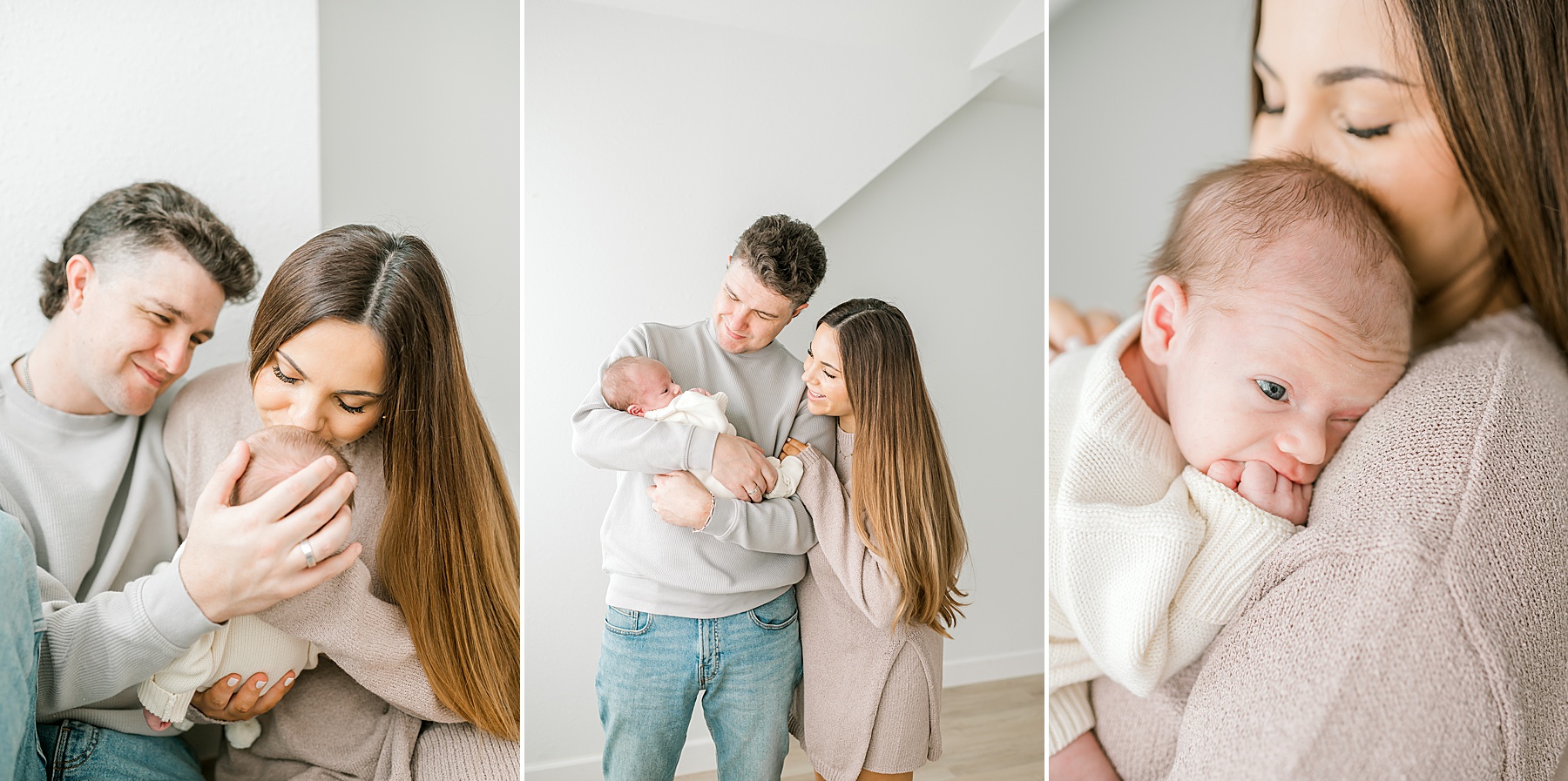 new parents hold their newborn son close during Bulverde, TX Cozy Winter Newborn Session