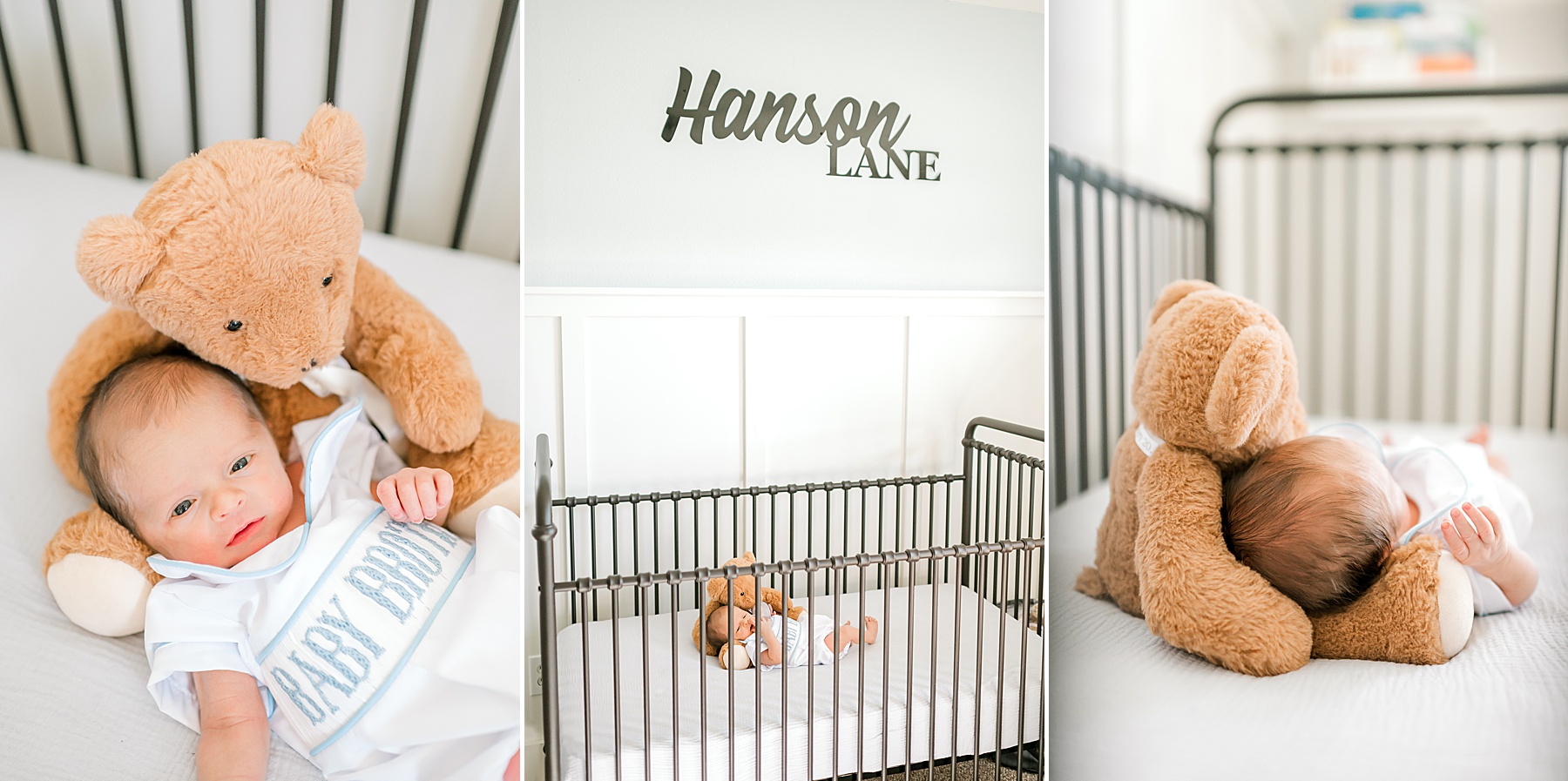 newborn in crib with name above 