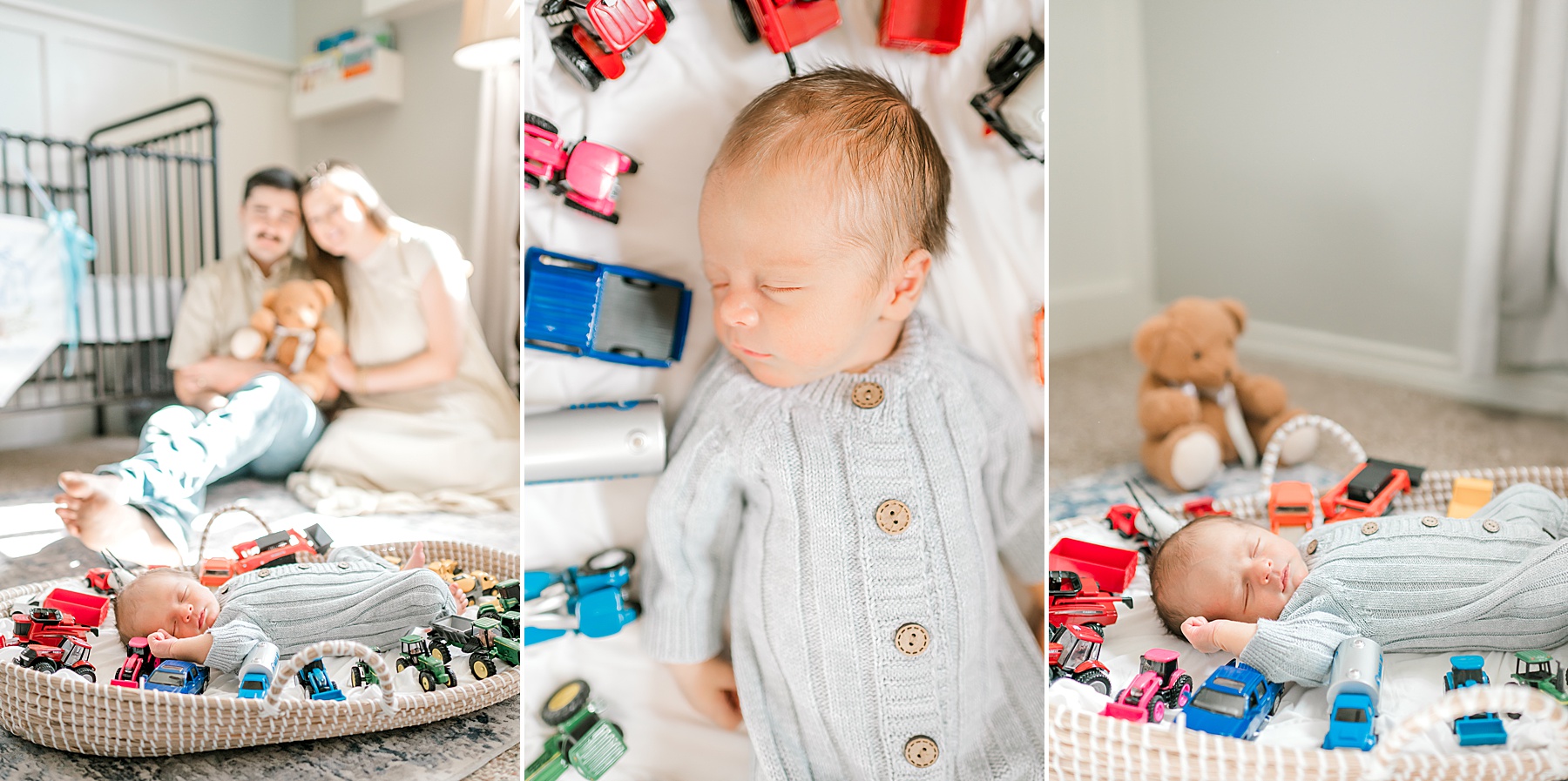 different colored cars surround baby boy in bassinet making a rainbow for this Rainbow Baby Newborn Session