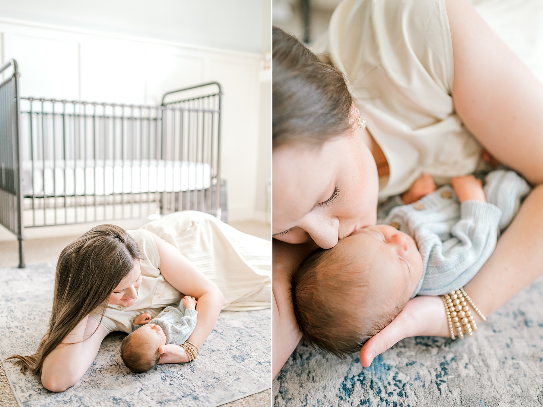 mom cuddles with newborn boy 