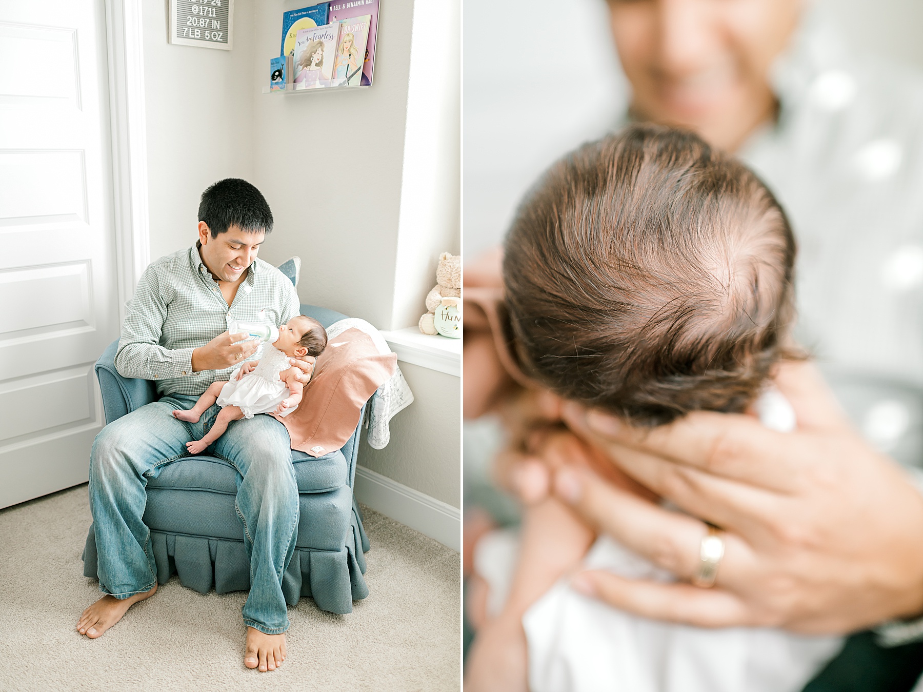 dad feeds newborn girl during In-Home Newborn Session in Fair Oaks Ranch, TX