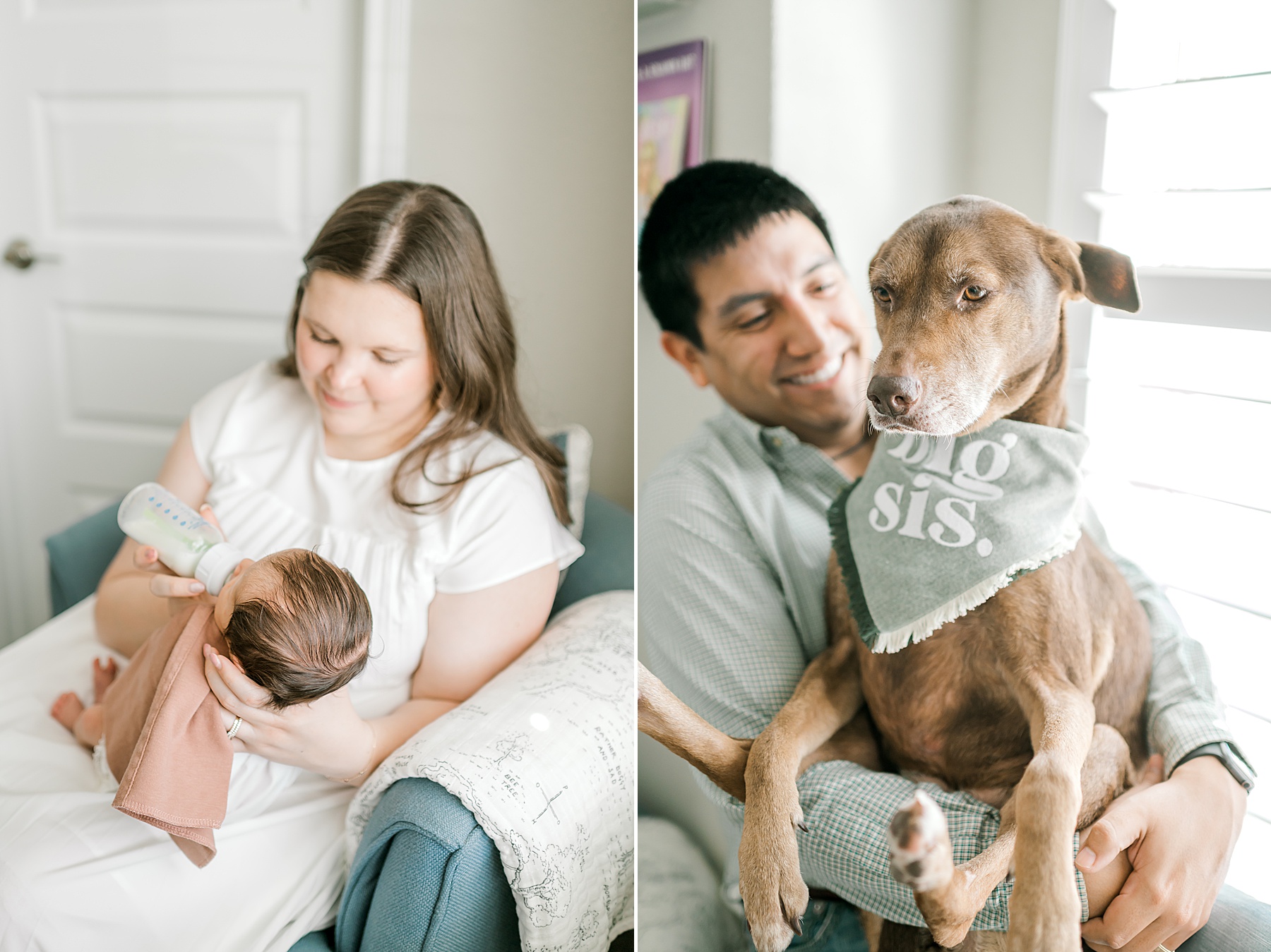 parents with newborn girl and family dog