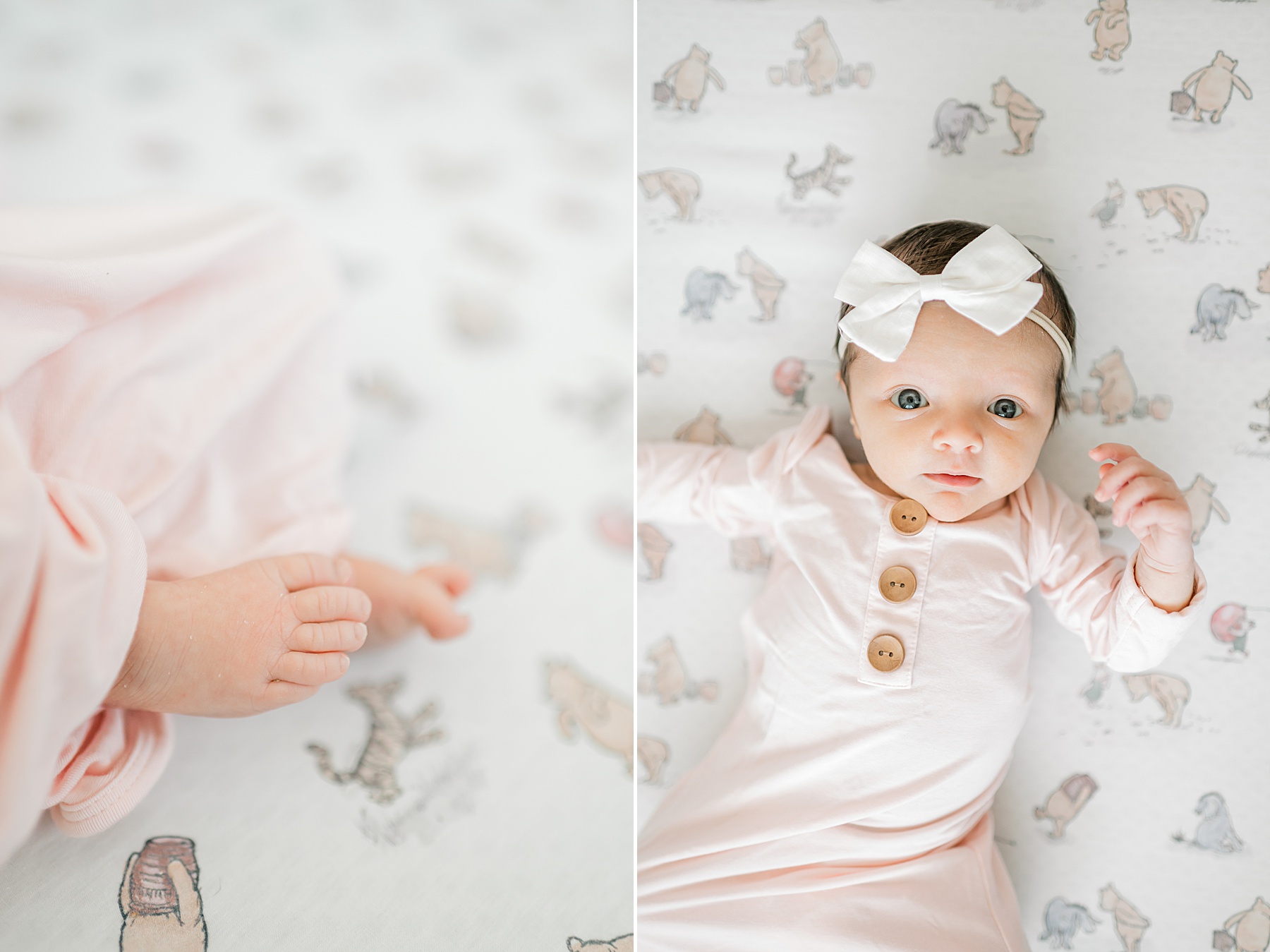 awake newborn girl in dusty pink outfit