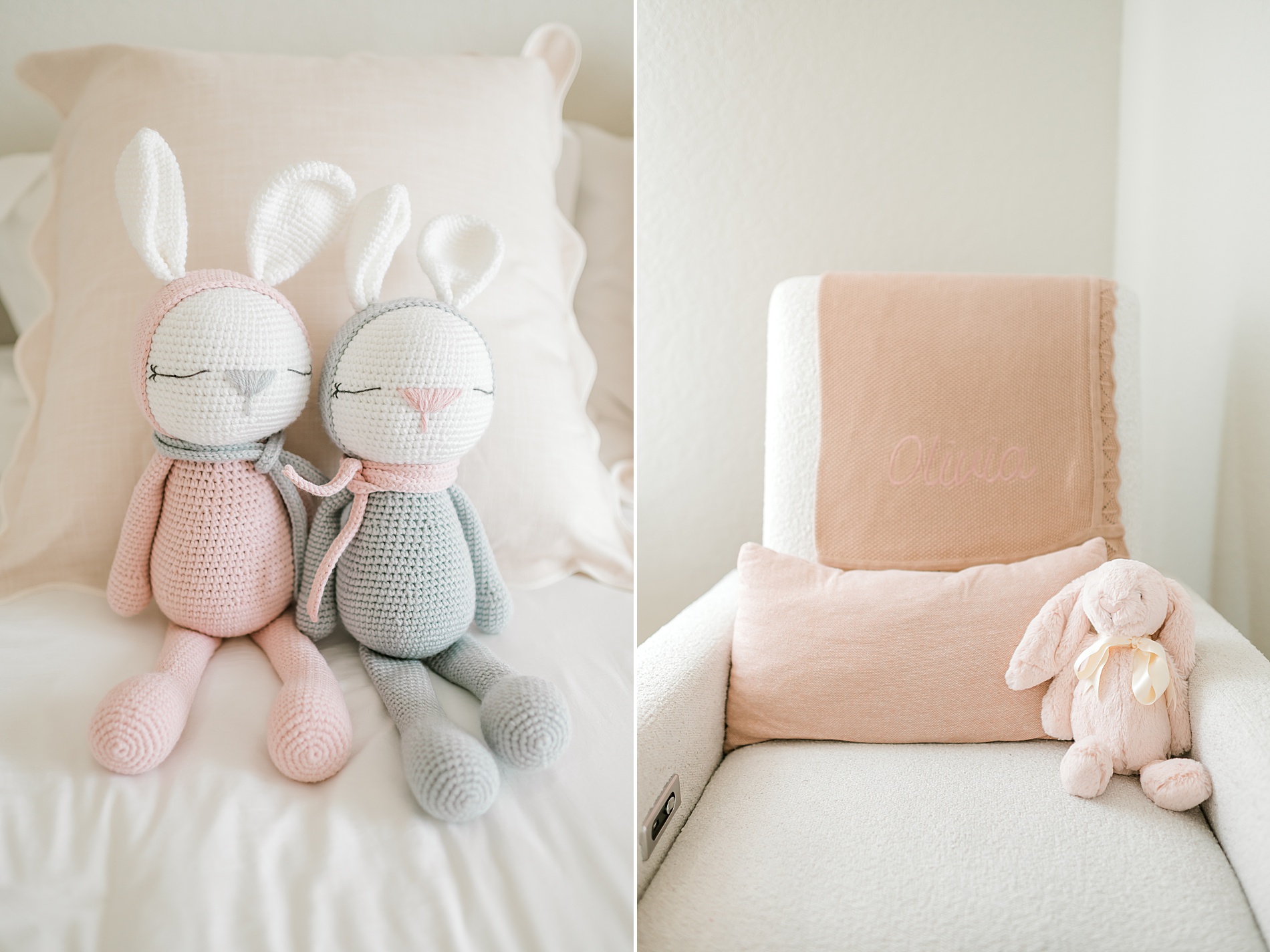 stuffed animals sit in little girl nursery