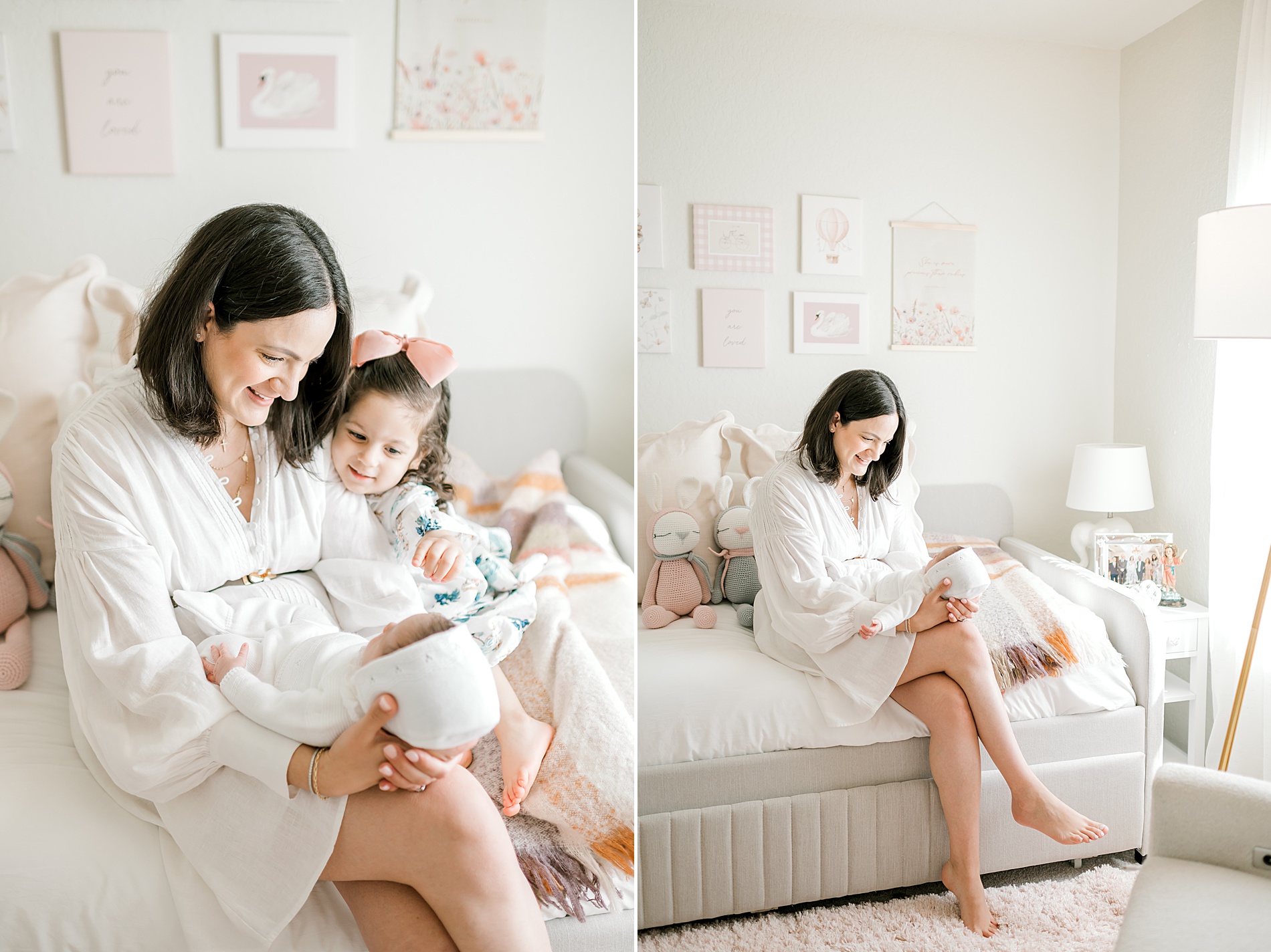mom in white dress holds newborn on bed during San Antonio newborn session