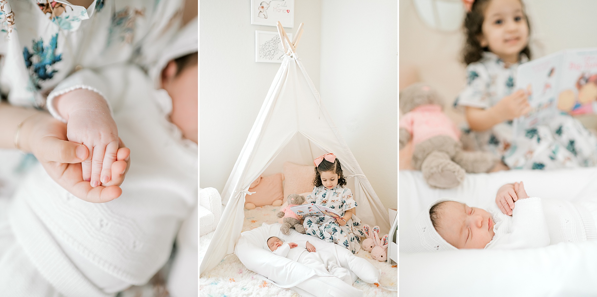 lifestyle newborn photos with big sister reading to newborn