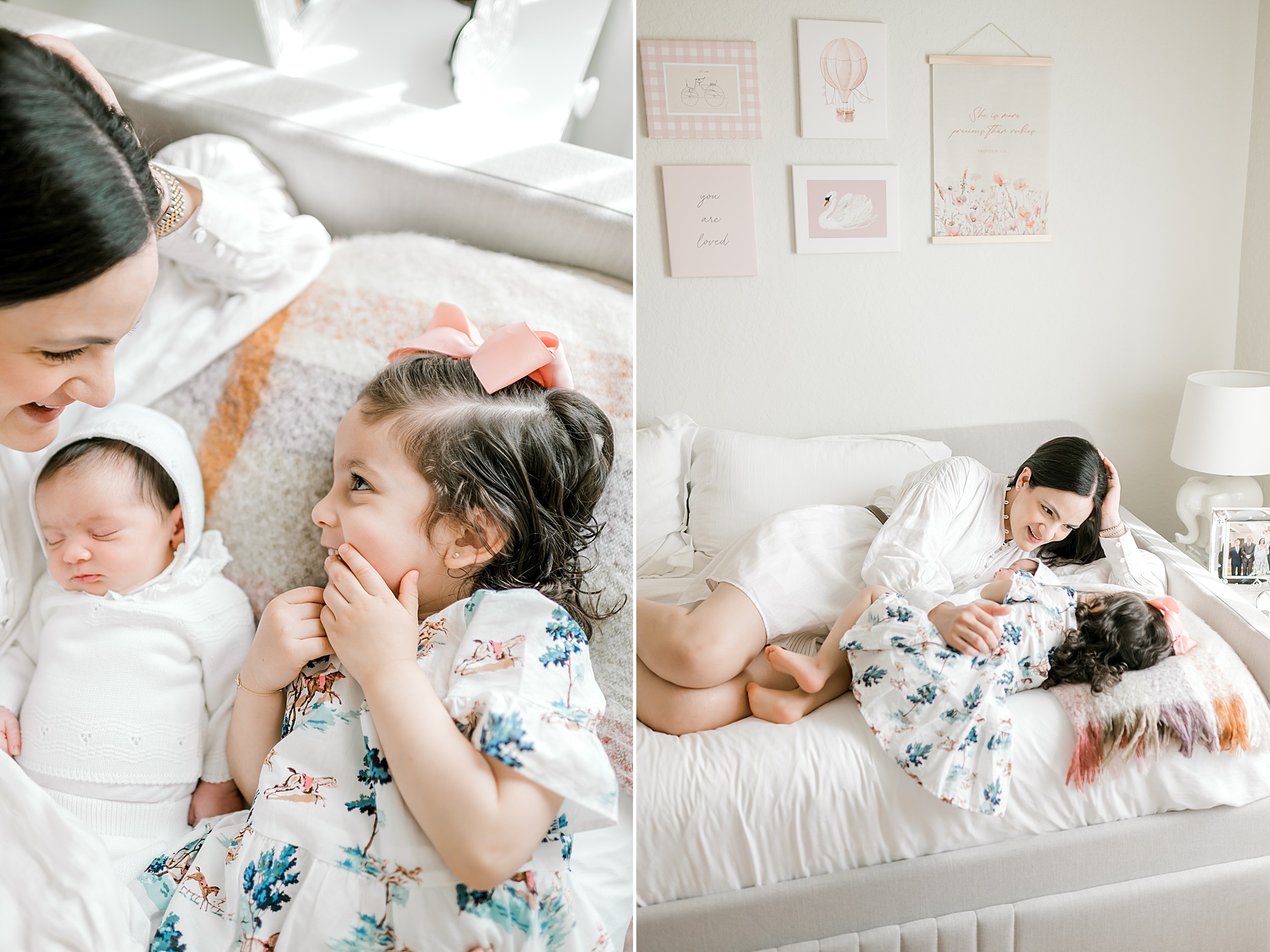 mom lays on bed with her newborn and toddler