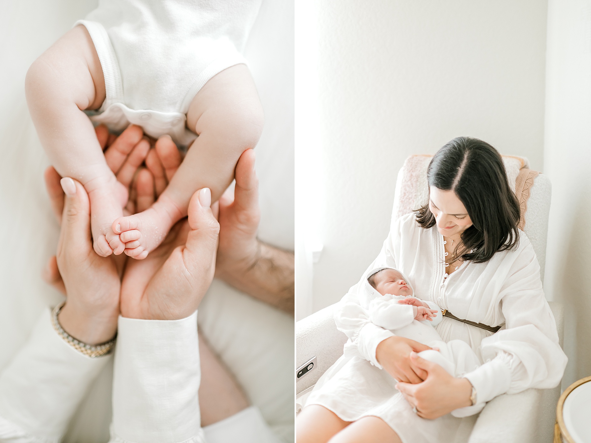 baby in white outfit and mom in white dress from Lifestyle in-home newborn session | What to Wear for Your Lifestyle Newborn Session