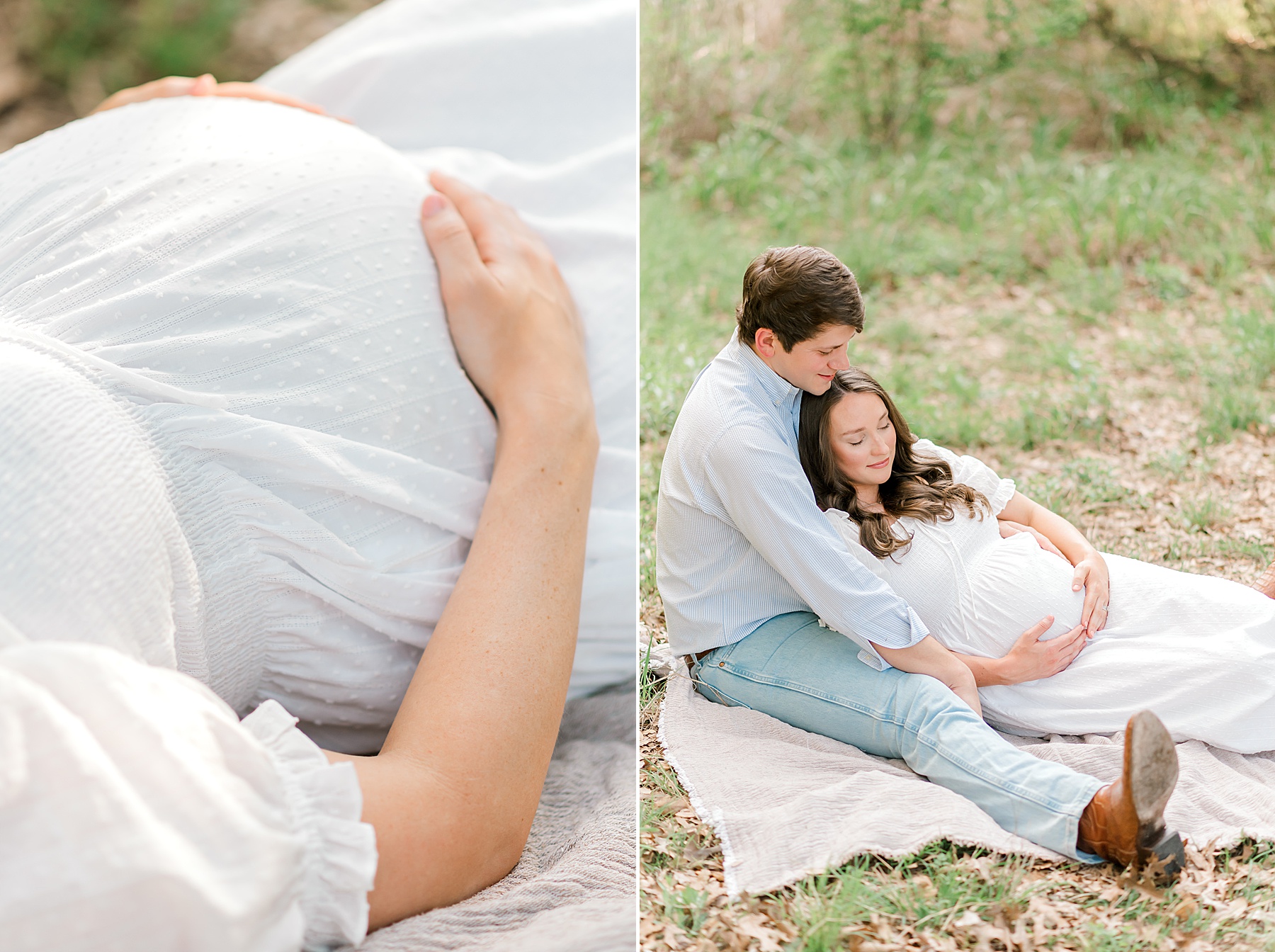 couple lay together during whimsical maternity session | The Best Time to Schedule Maternity Photos by San Antonio maternity photographer