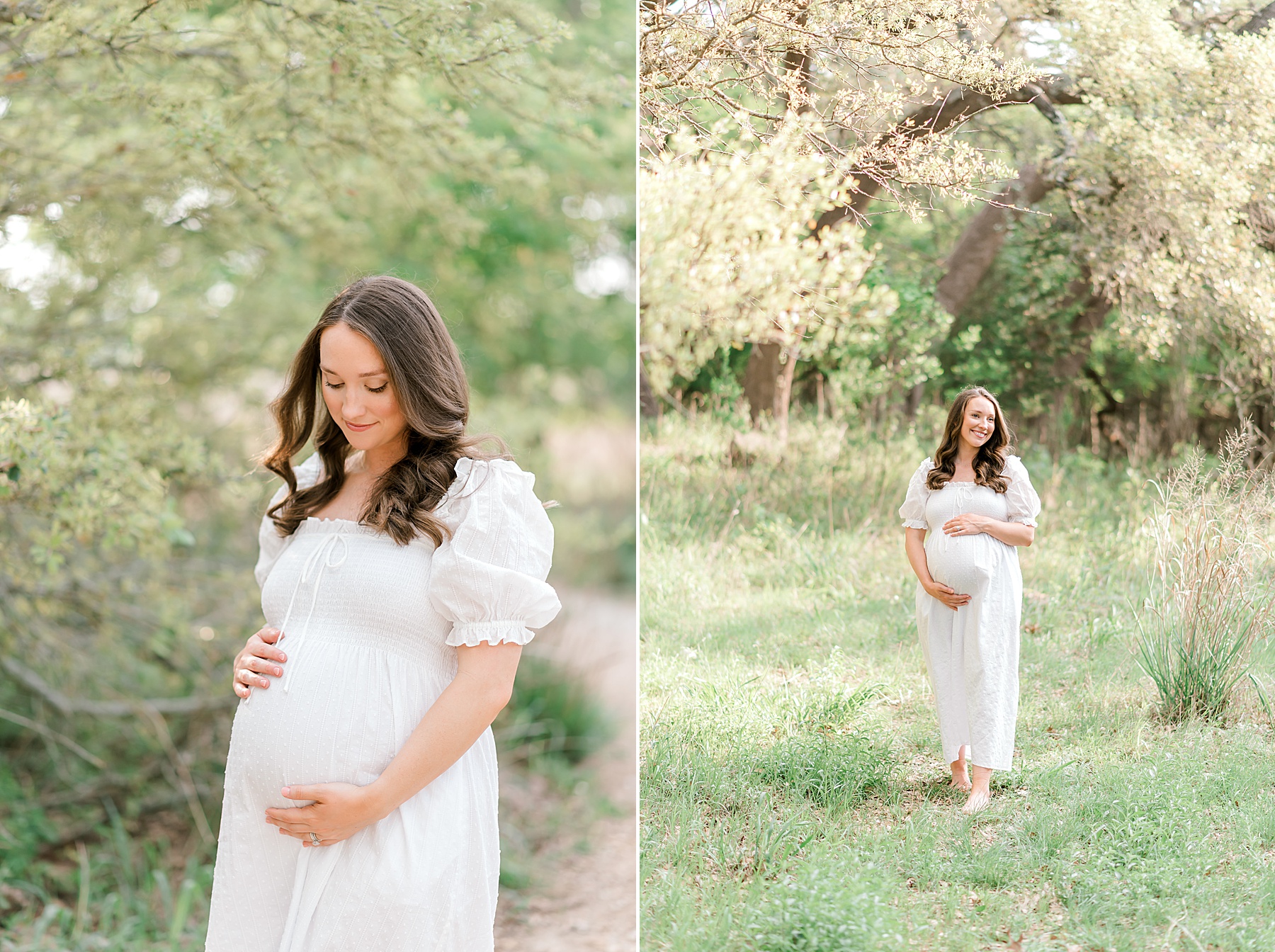 expectant mom stands under tree holding baby bump during whimsical maternity session