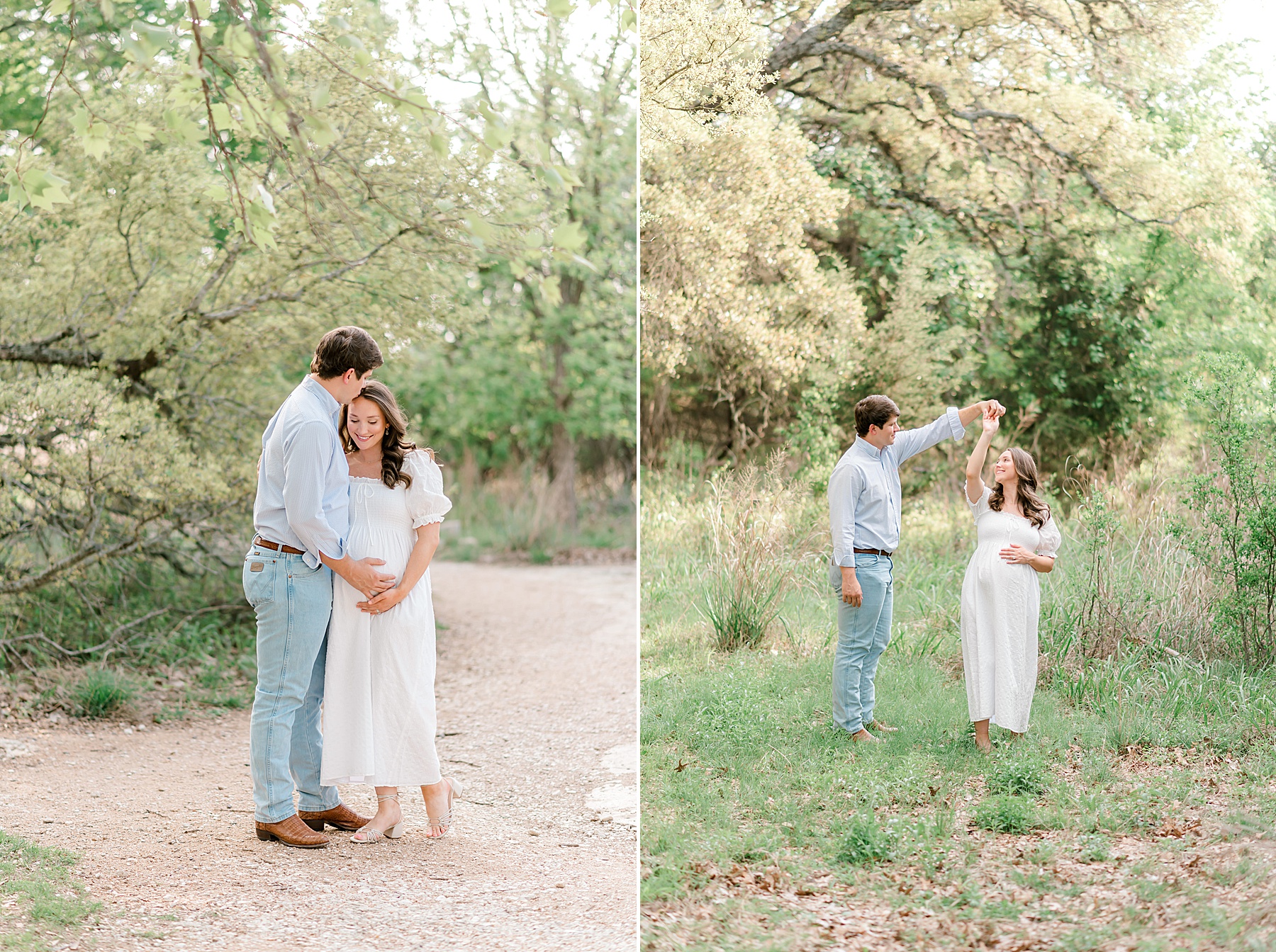 couple dance and hug during maternity photos