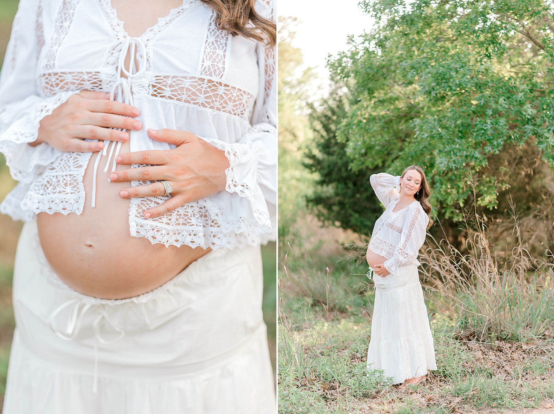 mom in white skirt outfit shows off baby bump