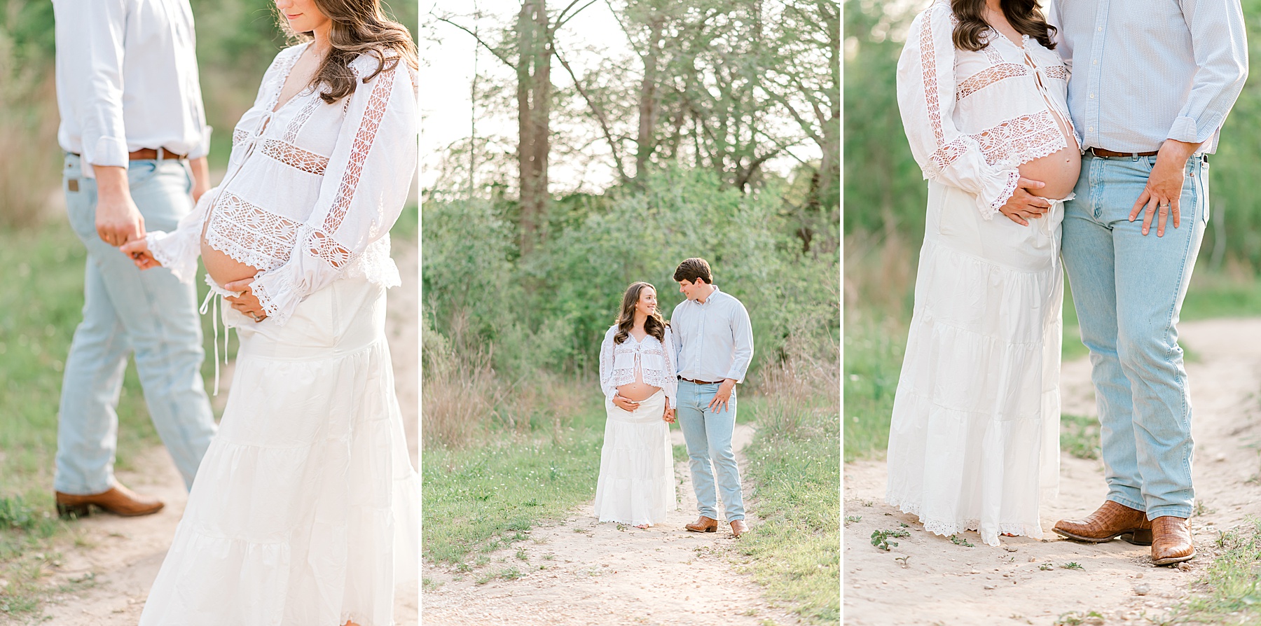 expectant parents hold hands during whimsical maternity session