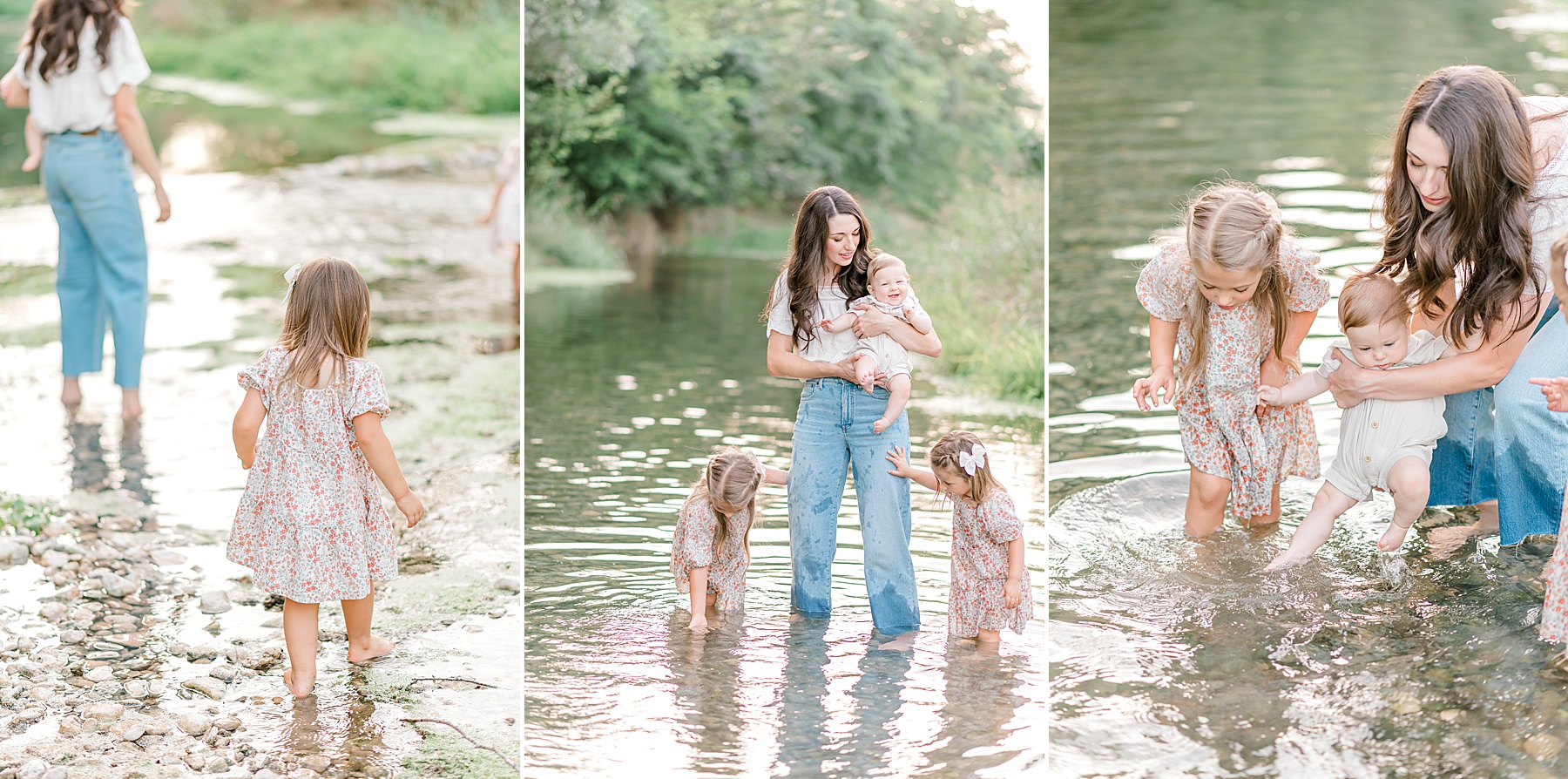 family plays in the river at Crescent Bend nature Park in Cibolo, TX