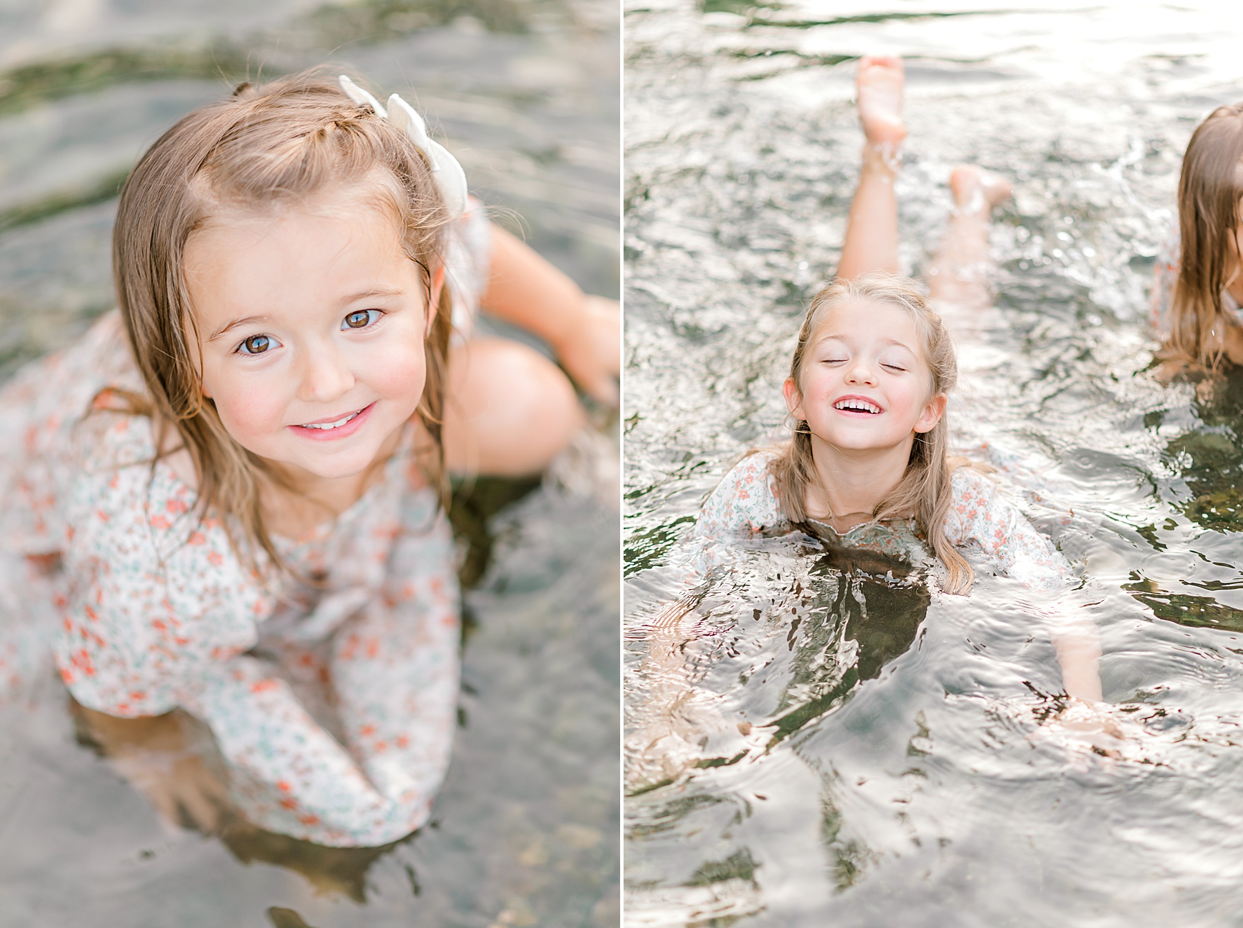 little girl play and splash in the water during candid family session | How to Choose the Right Season and Setting for Family Photos