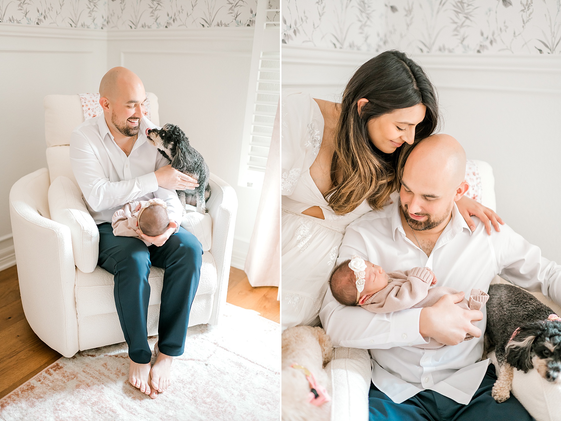 parents sit with newborn in chair with dogs nearby | Rescheduling in-home newborn sessions Due to Weather | Why Natural Light Matters