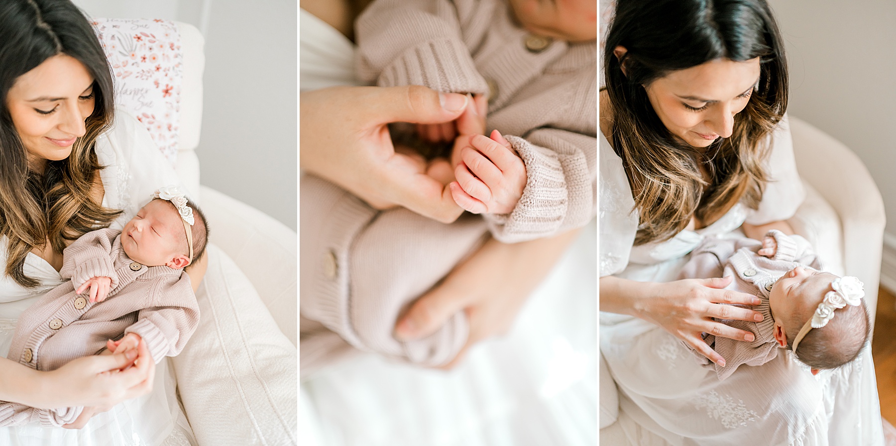 mom snuggles newborn during light and airy newborn session