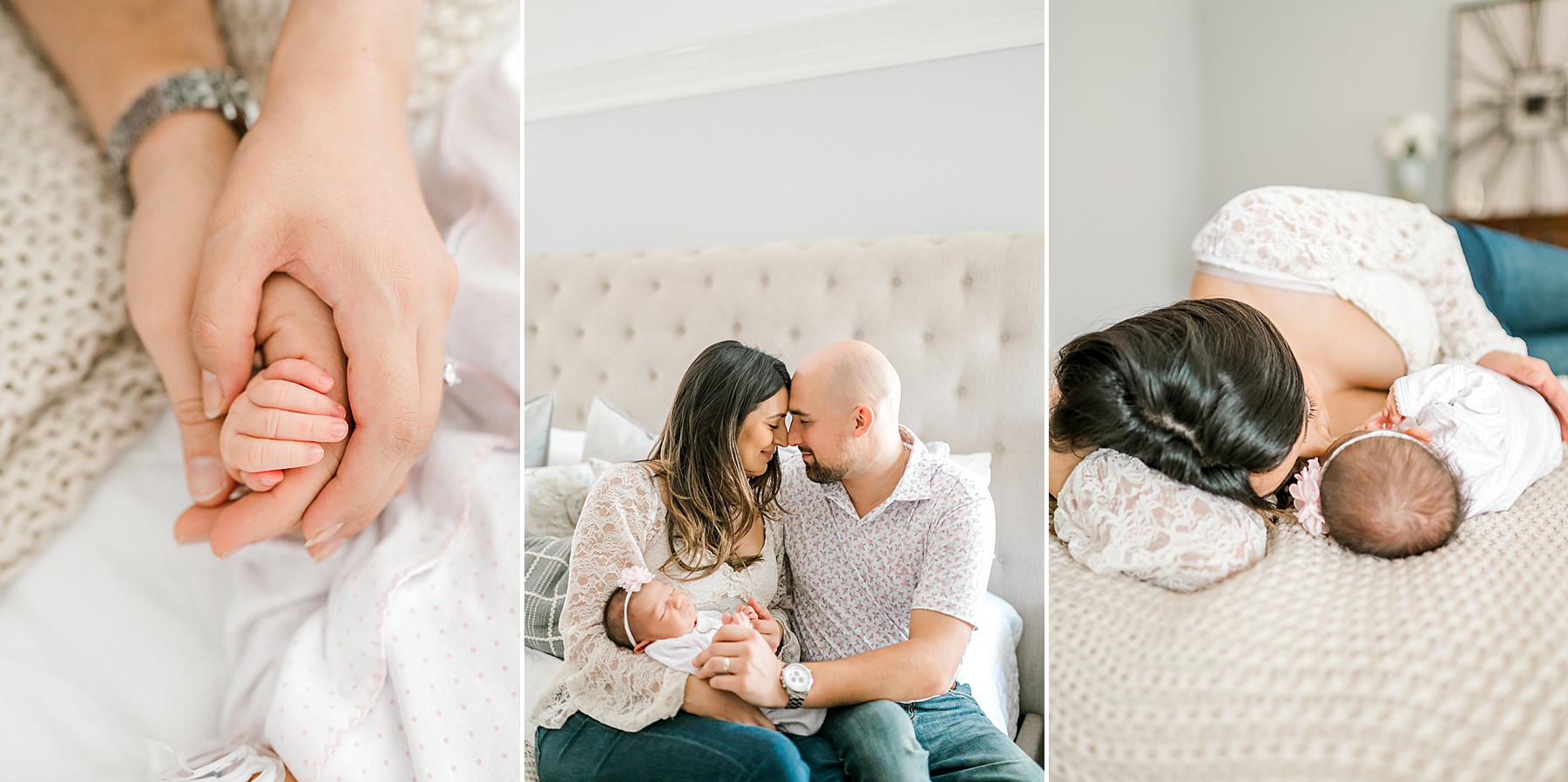 parents snuggle newborn during in-home newborn session with natural light