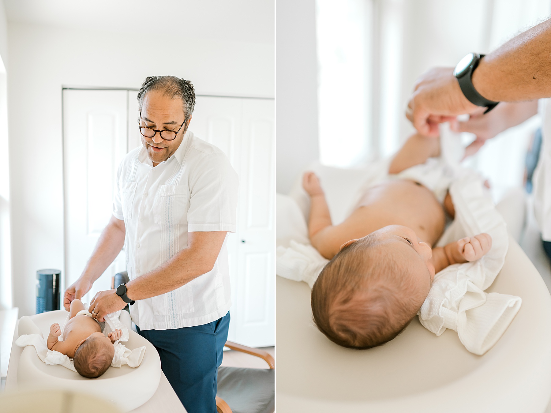 dad changes baby diaper