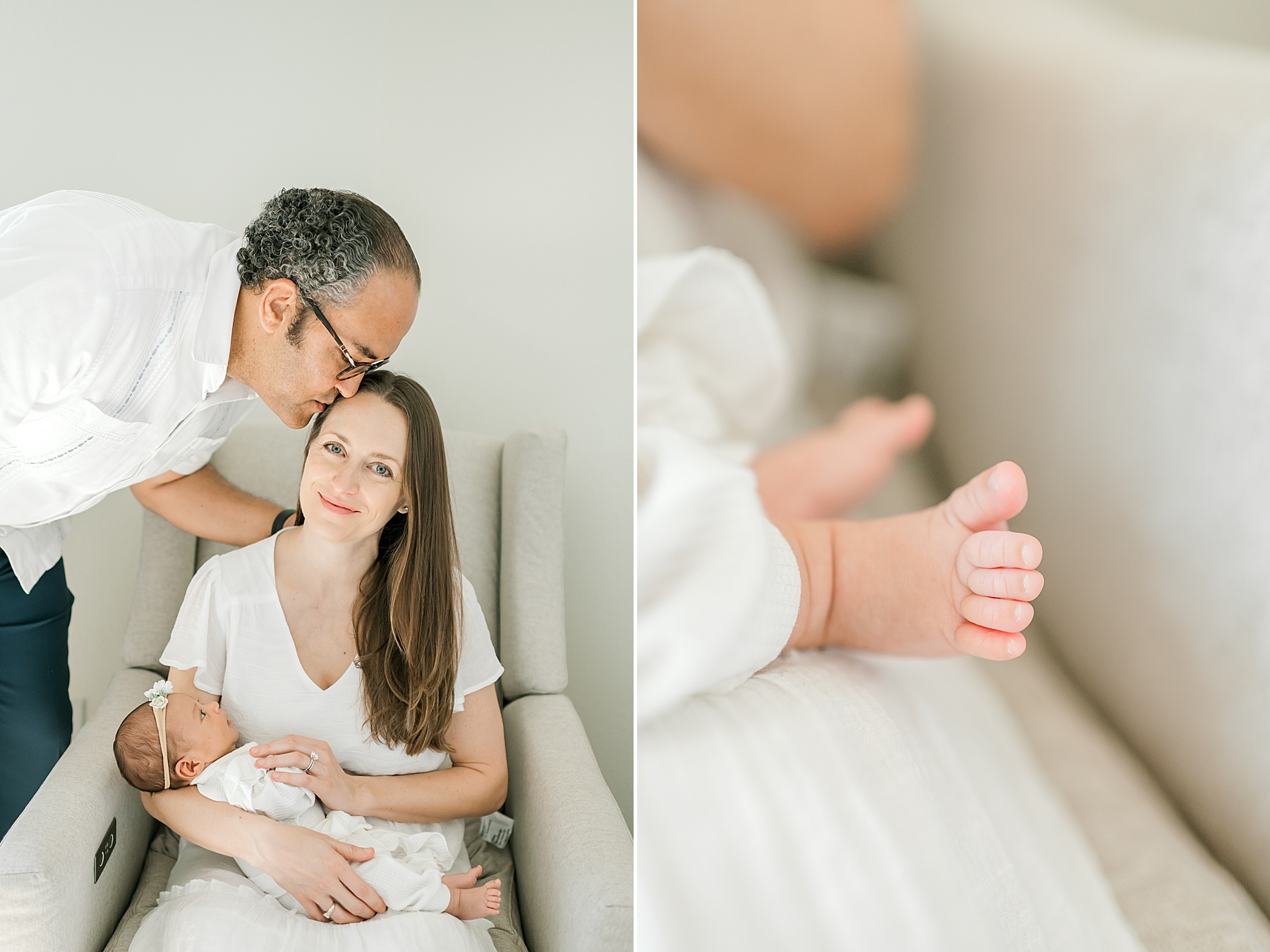dad kisses mom's head as she holds newborn girl