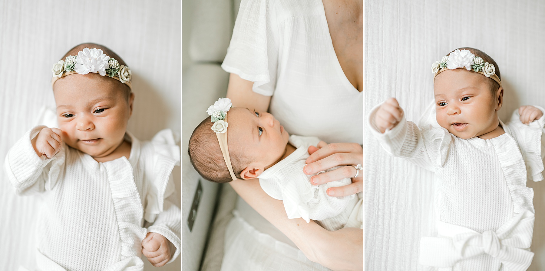 newborn girl in white outfit and flower headband