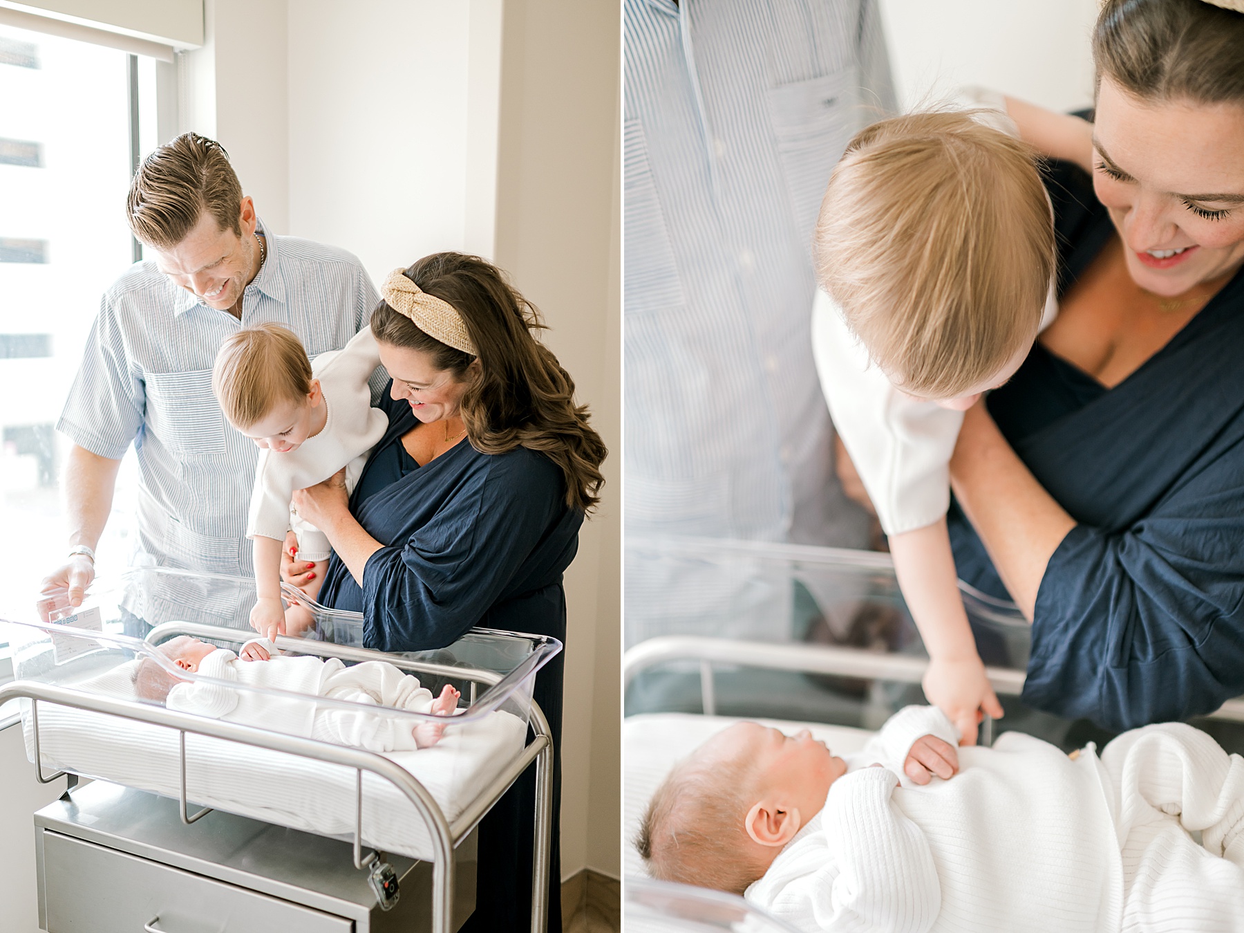 big brother reaches down to touch newborn brother