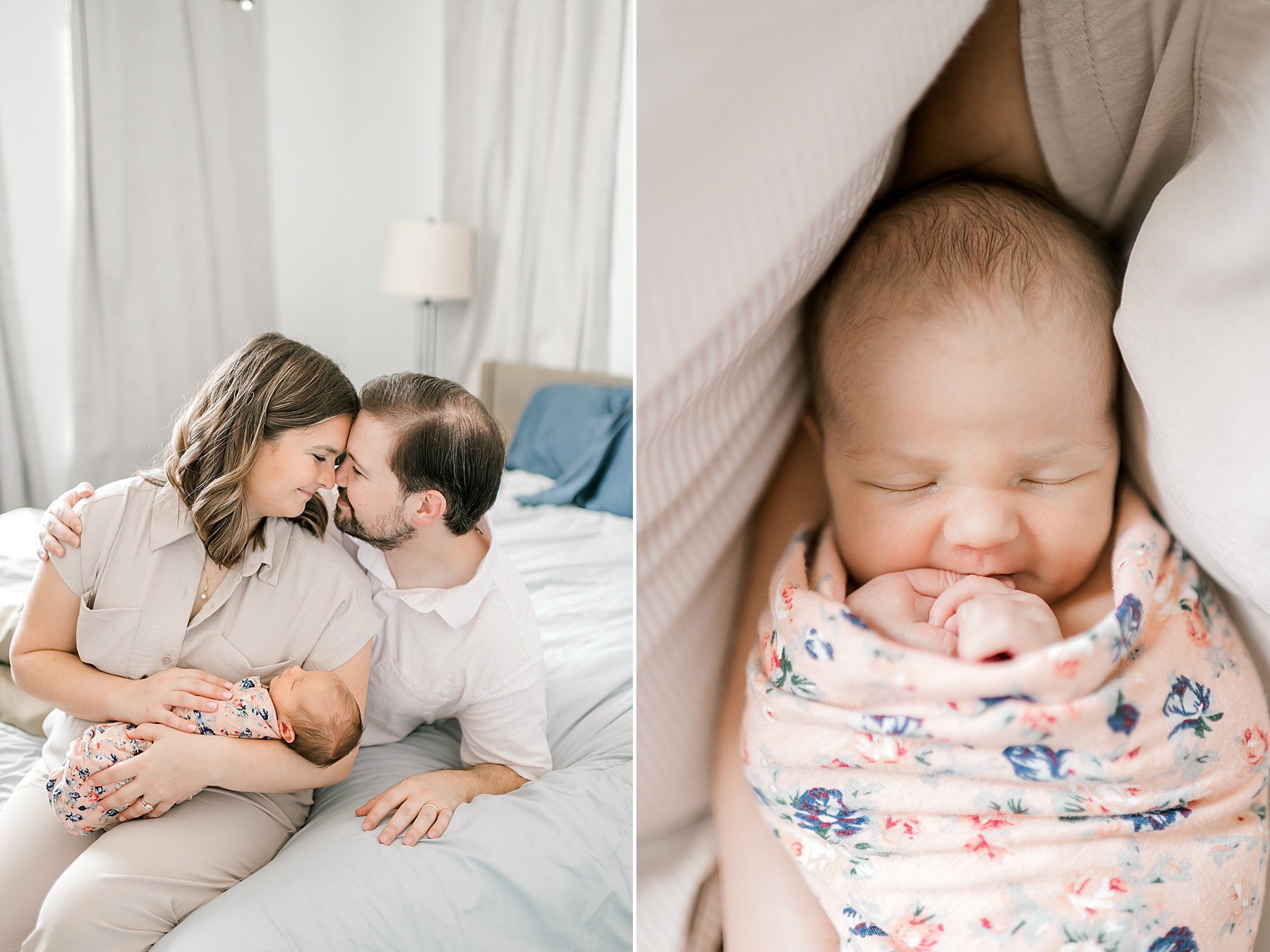 loving parents hold newborn wrapped in pink floral blanket