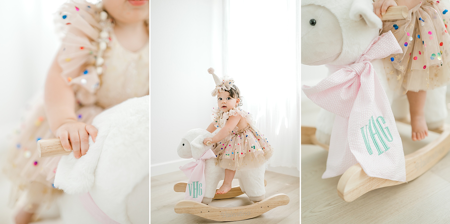 little girl on rocking sheep toy