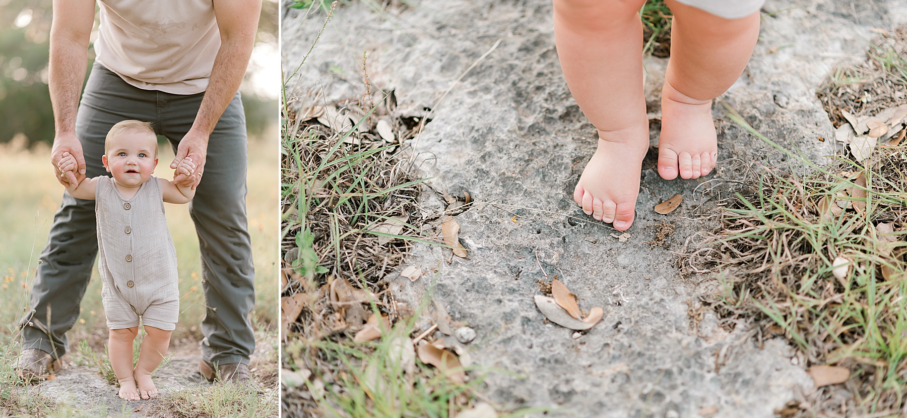 dad holds son's hands as he walks