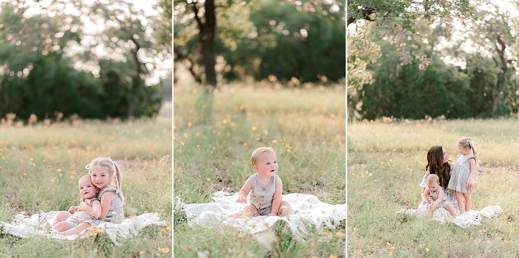 little boy sits on blanket in field during Sitter Session in Bulverde, TX