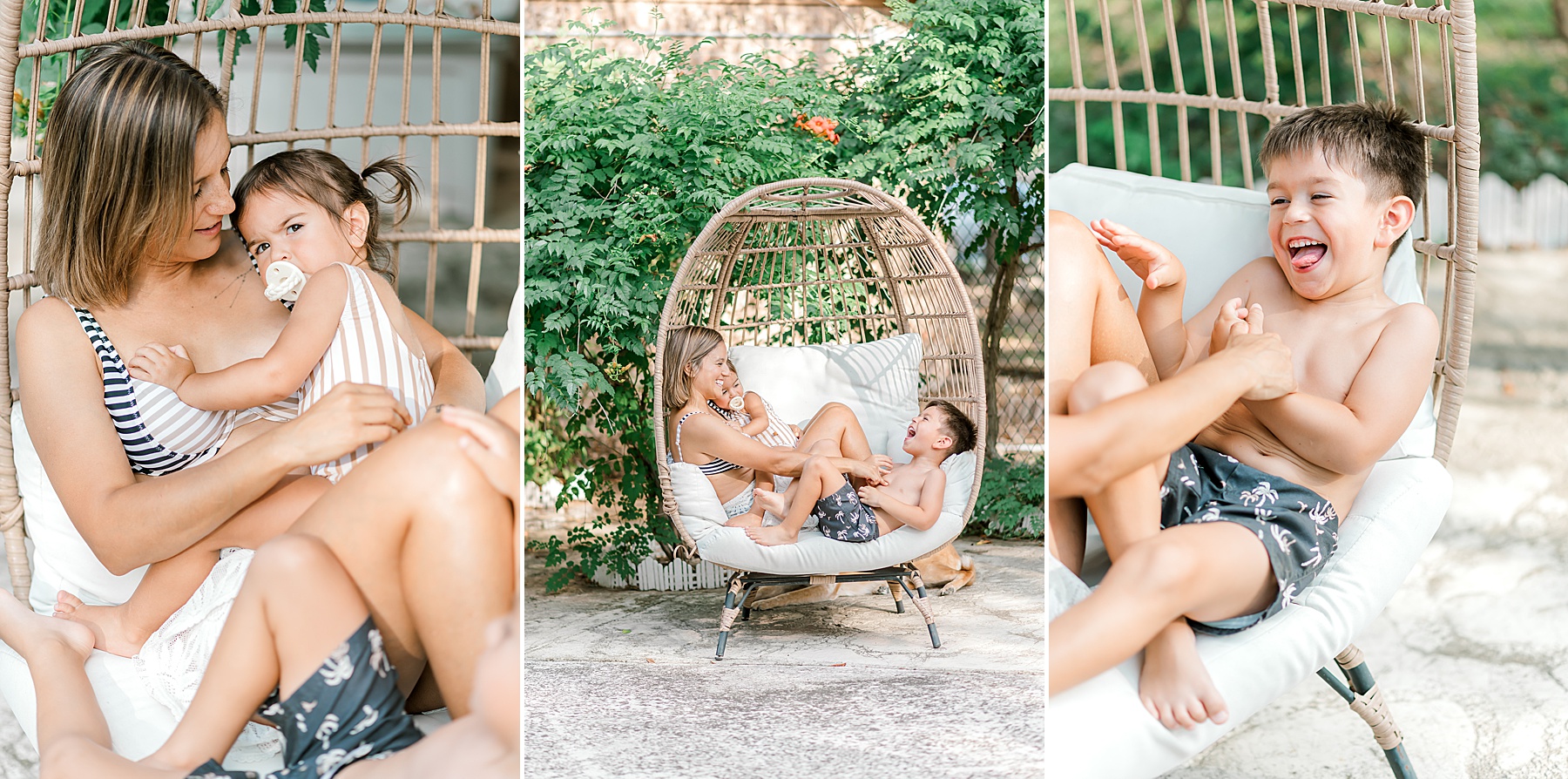 mom holds two children during candid family session