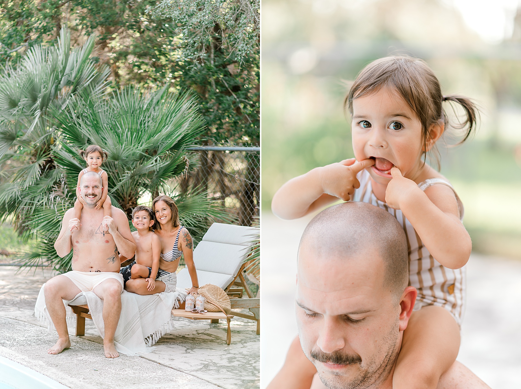 dad holds daughter on shoulders with mom and son sitting nearby