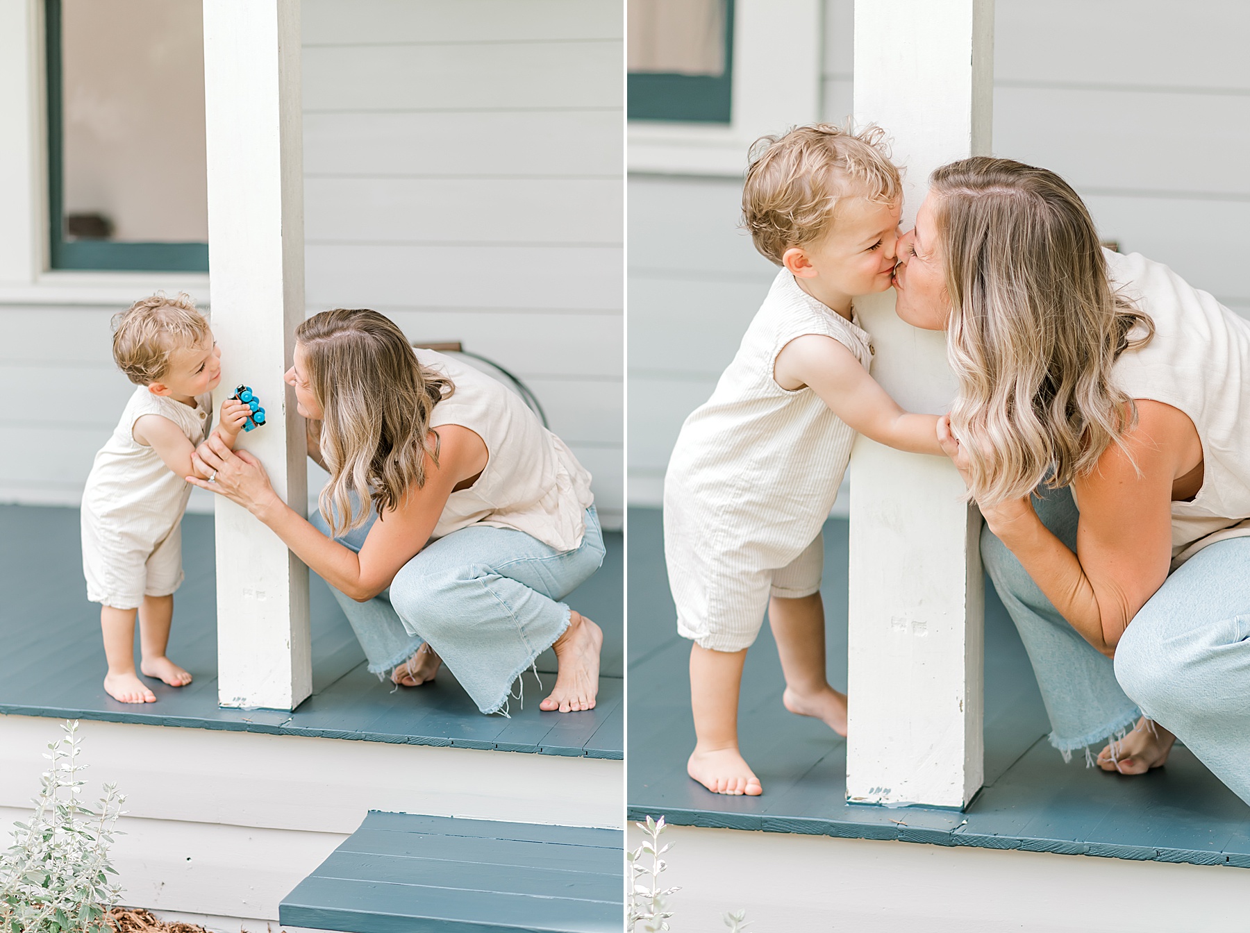 mom kisses her son on porch