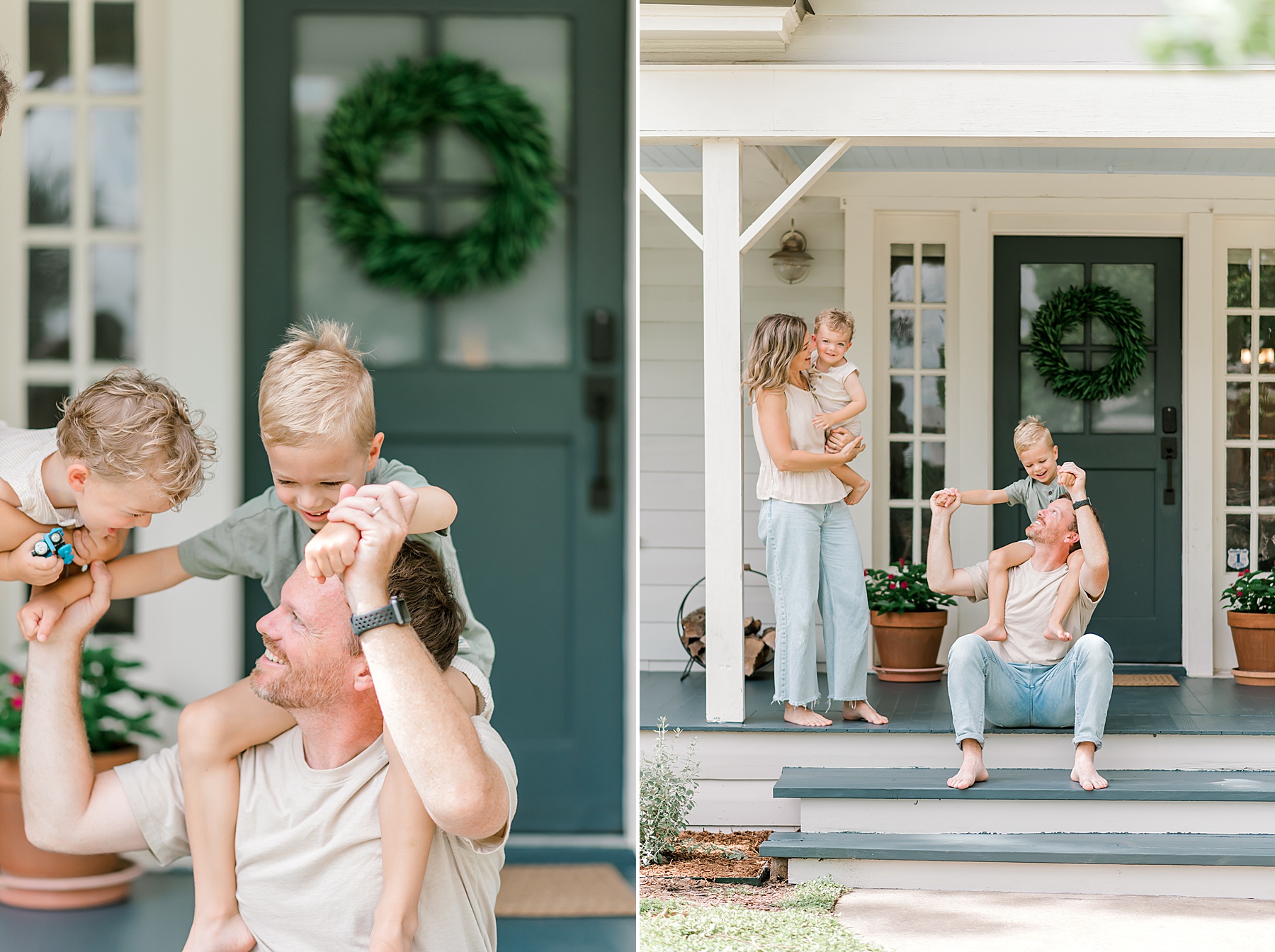 dad holds son on shoulders while mom holds other son