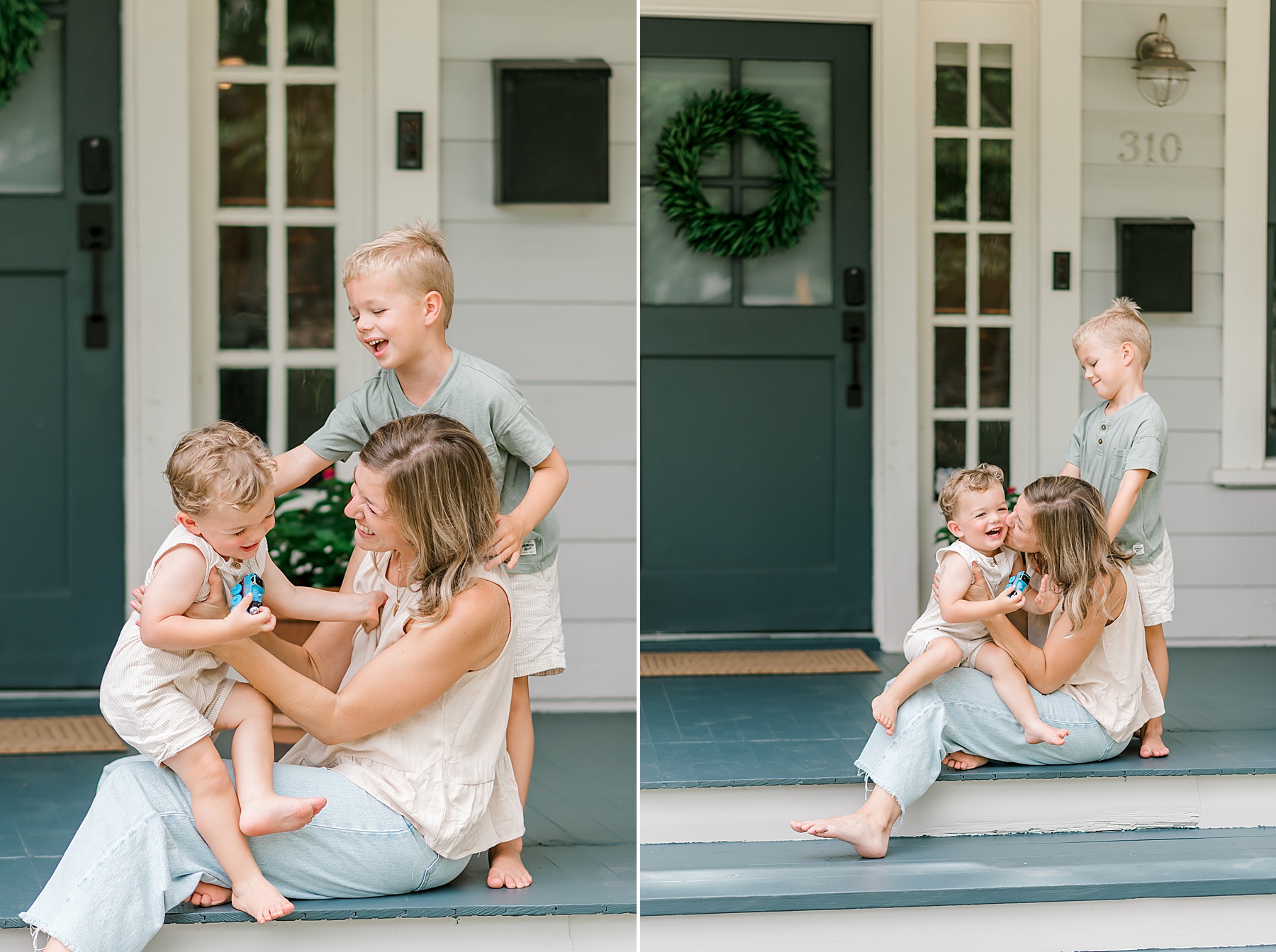 boys hug their mom