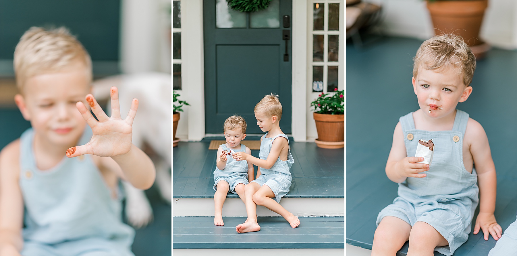two boys eat ice cream sandwiches