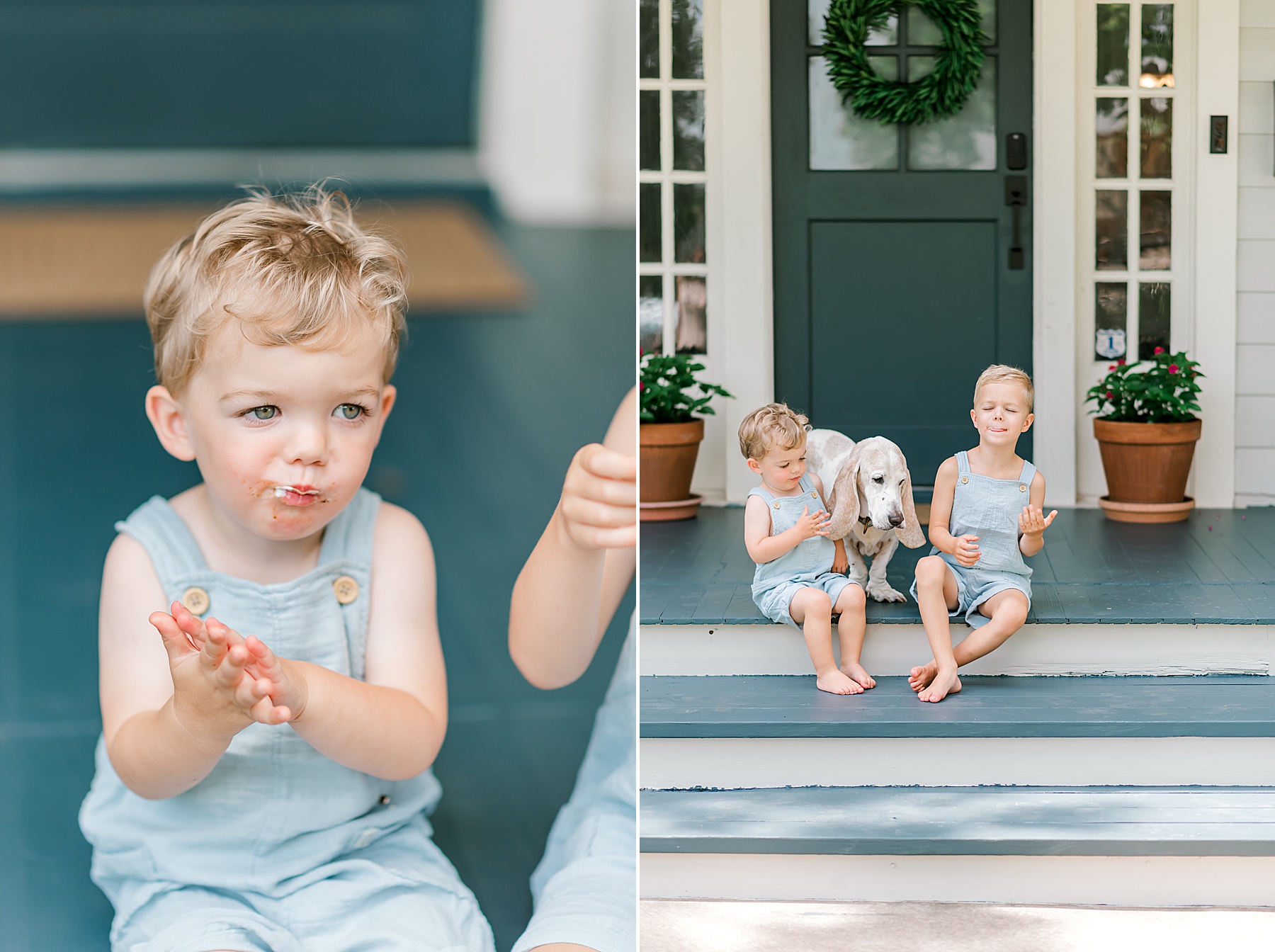 little boys eating ice cream on the porch during candid in-home session