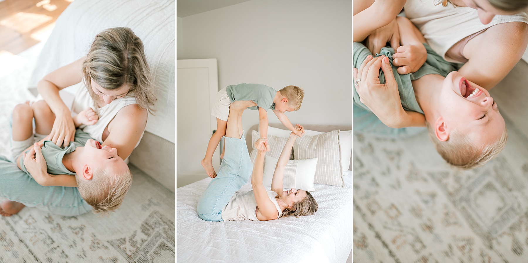 candid and playful portraits of mom and son laughing and having fun