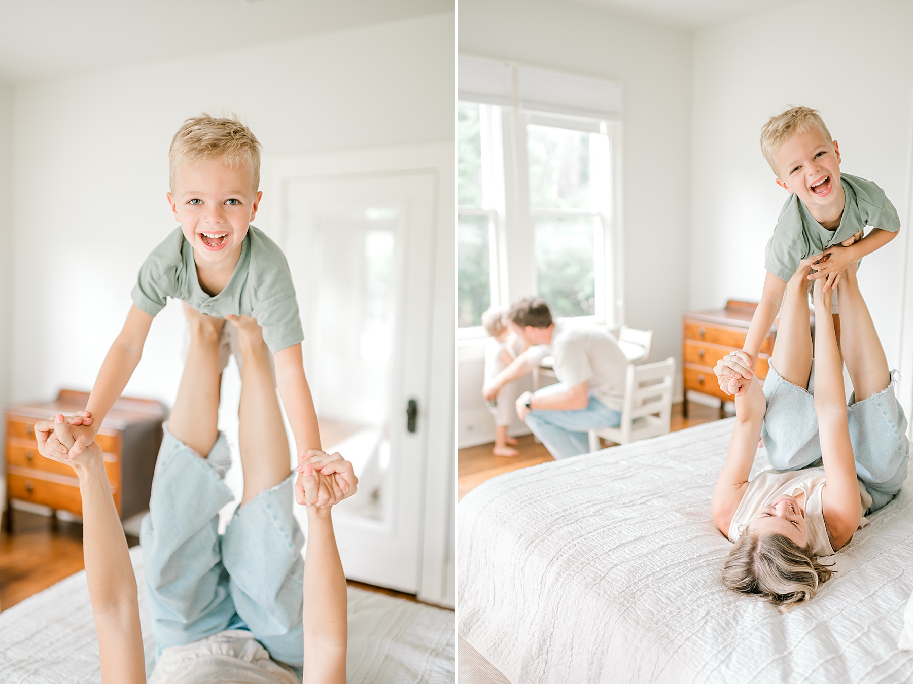 mom lifts son up on her feet to fly like an airplane