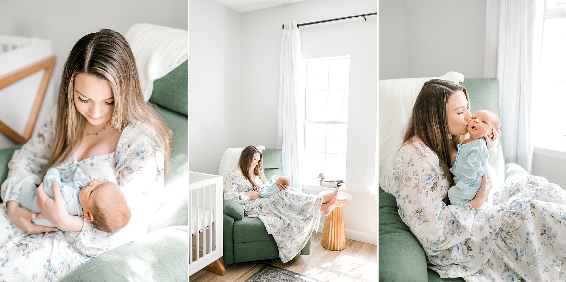 mom holds and kisses newborn boy during in-home session