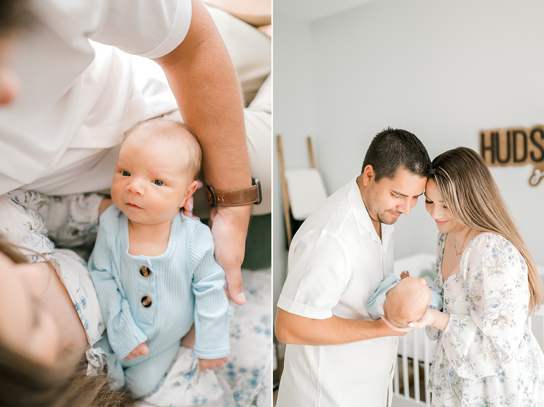 parents in soft, neutral colors look down lovingly at newborn boy 
