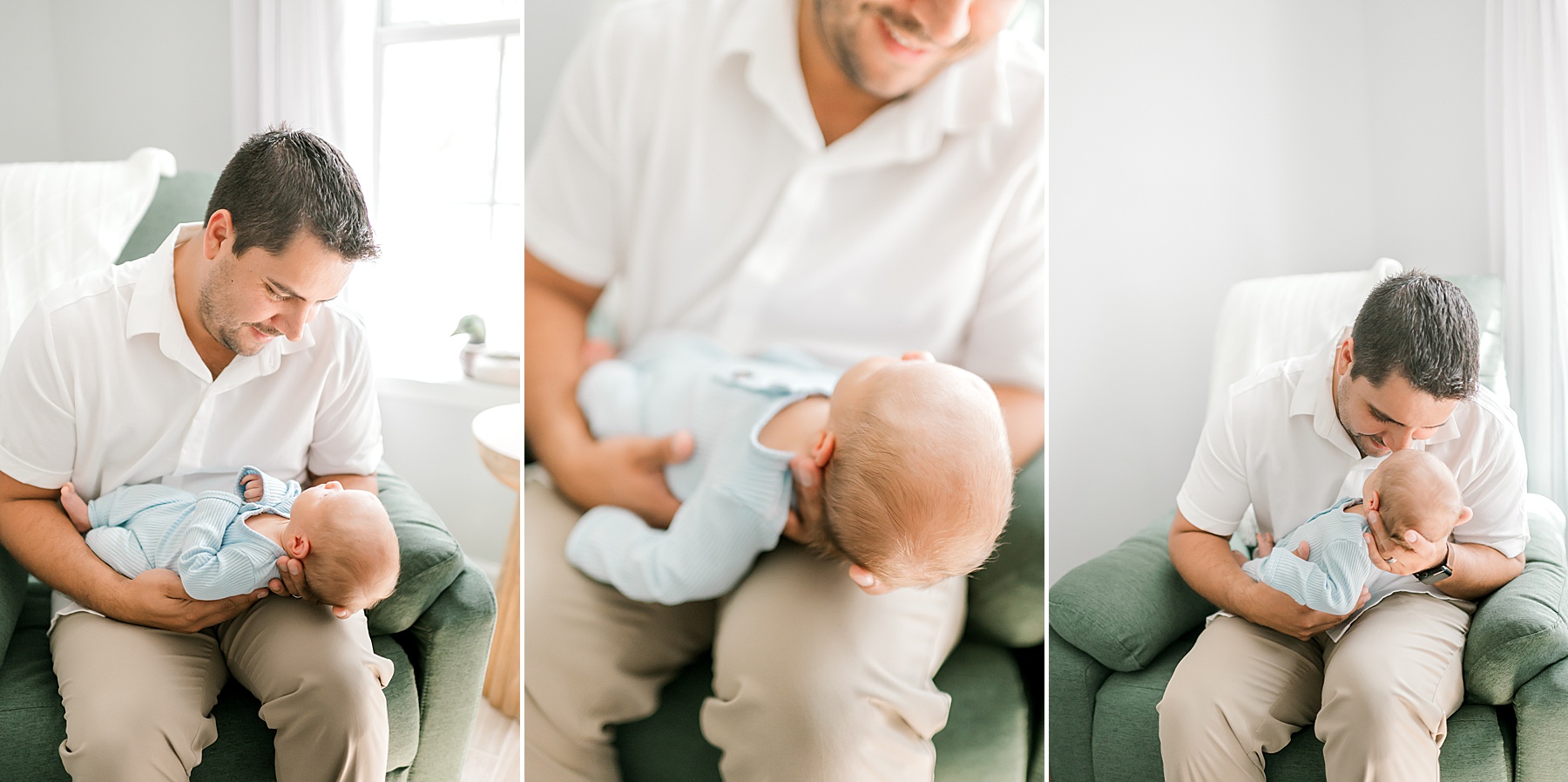 dad holds newborn in arms as he sits in nursery chair