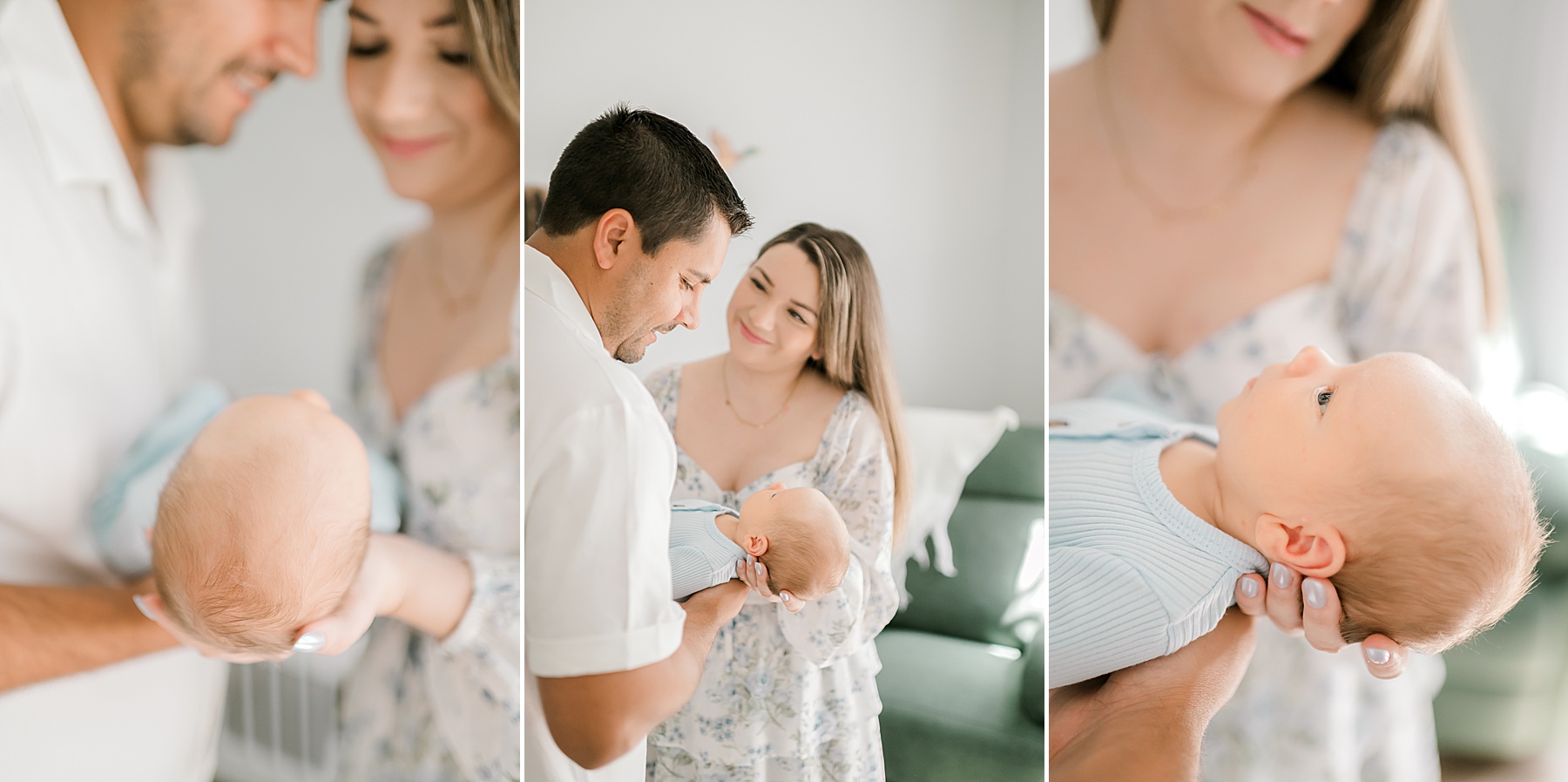 Parents in soft, neutral clothes hold baby boy in clue onesie during Canyon Lake In-Home Newborn session