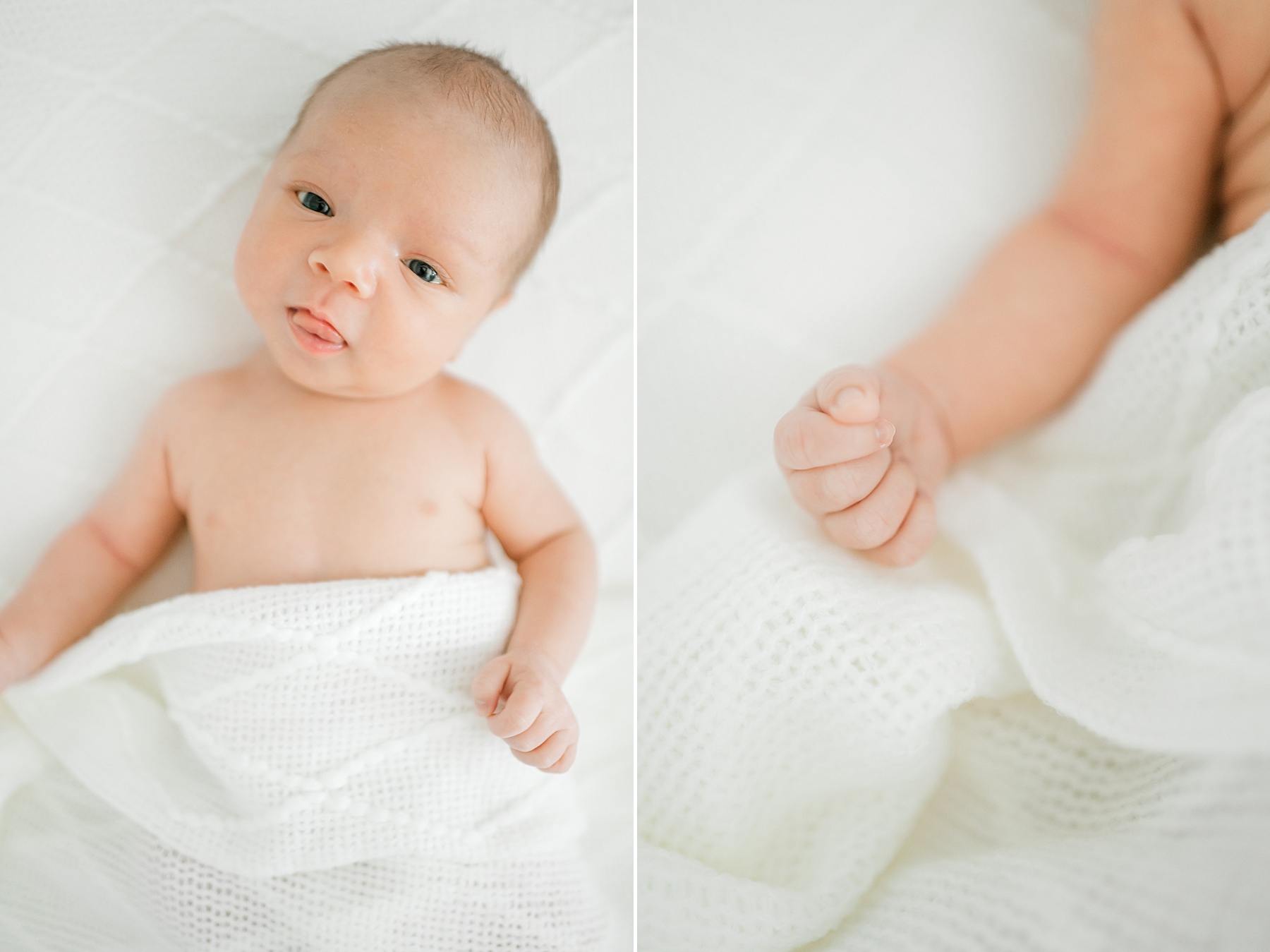newborn in crib and covered with white blanket