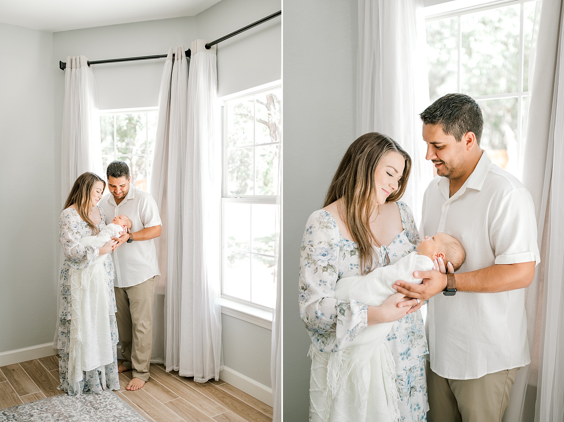 New family of three stand by natural light for in-home newborn photos