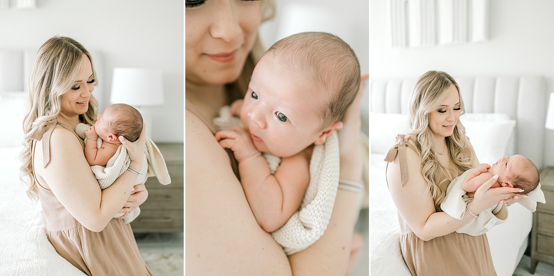 mom holds newborn boy during in-home session