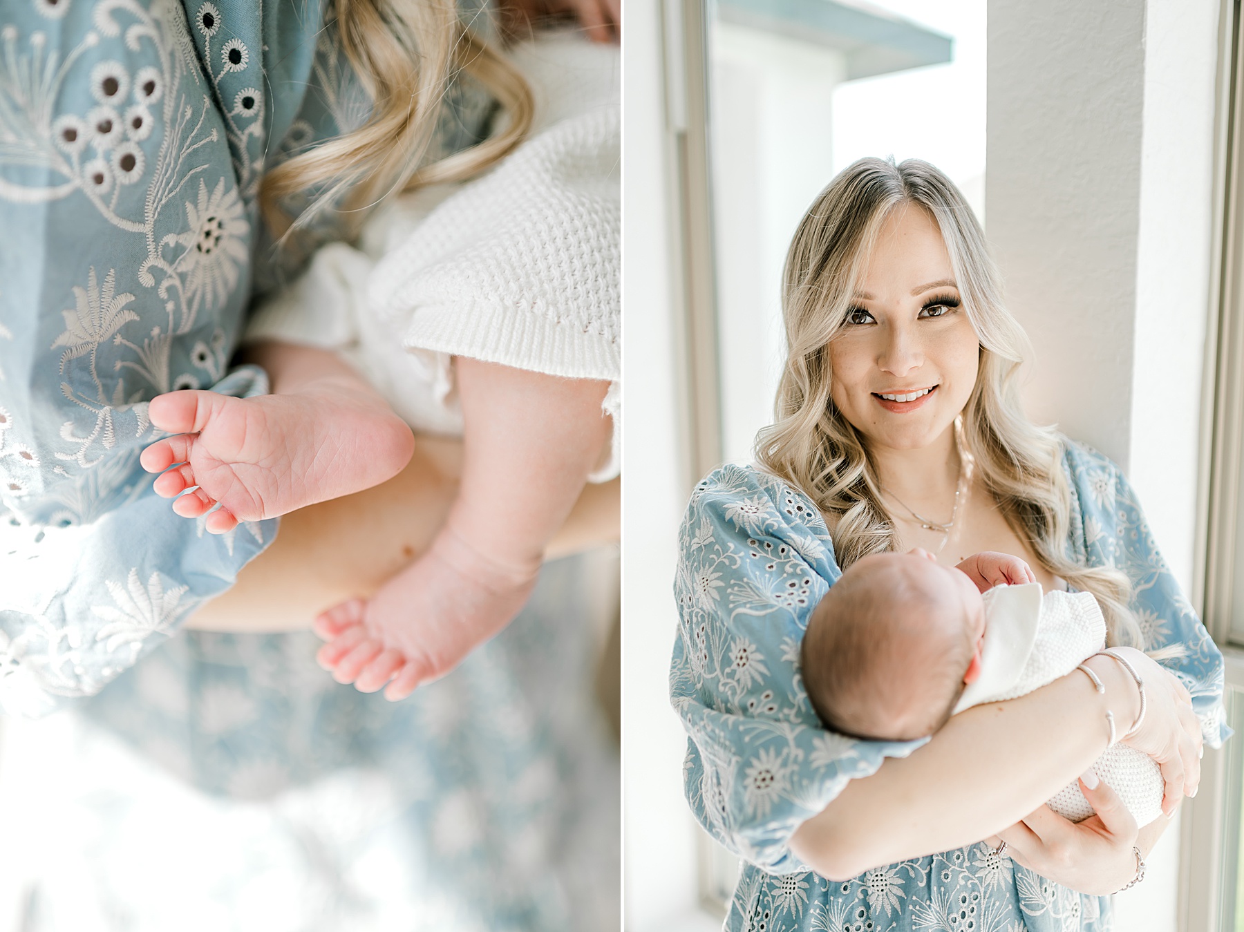 mom in light blue dress holds newborn